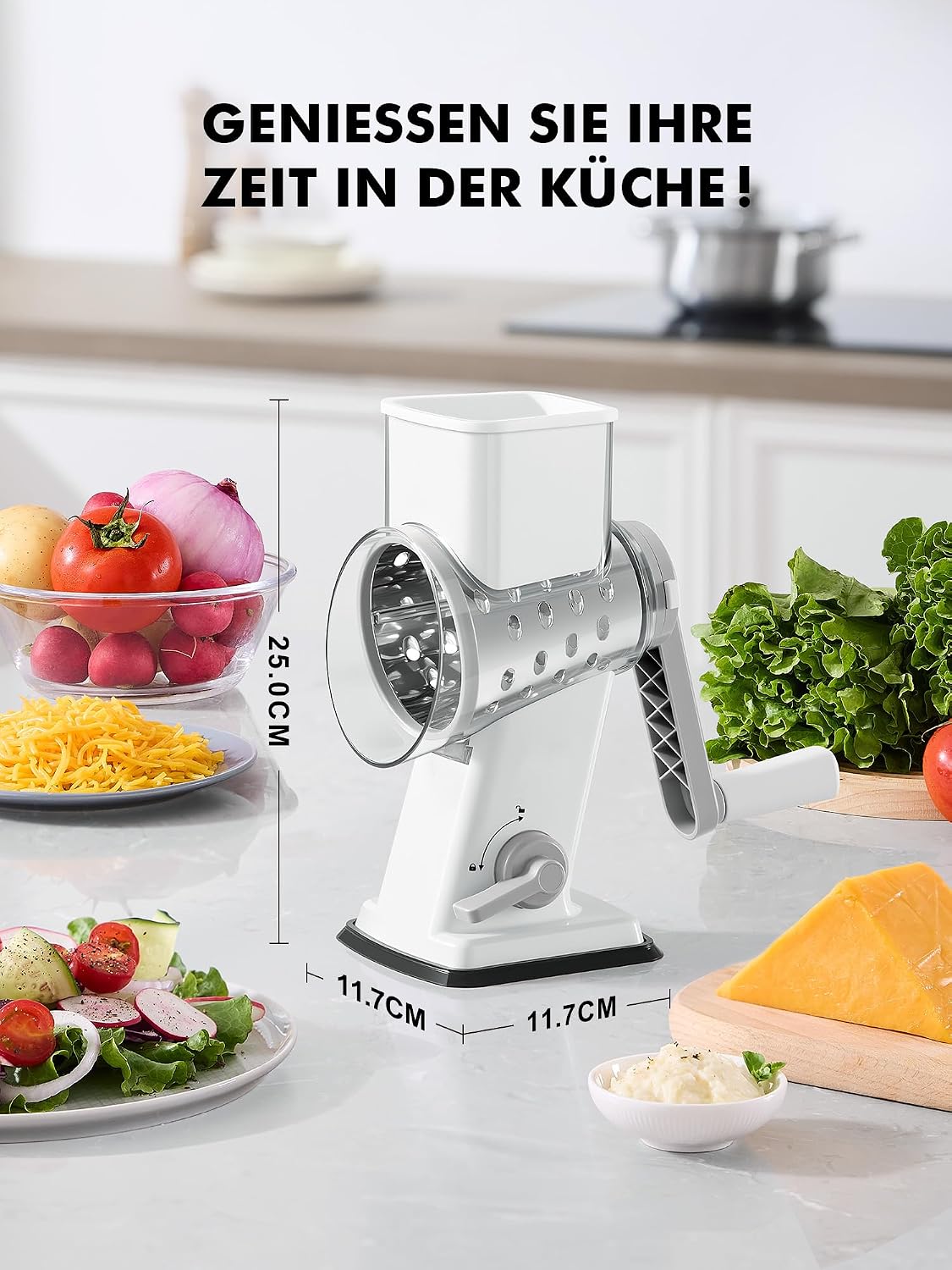 Detalle de GDL Käsereibe: 4-in-1 Gemüsereibe mit starker Saugnopfbasis – Weiß