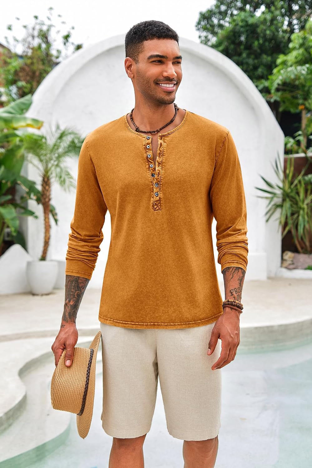 Detalle 2 de Beotyshow Henley Langarm Hemd Herren – Slim Fit, Baumwolle, Vintage Casual