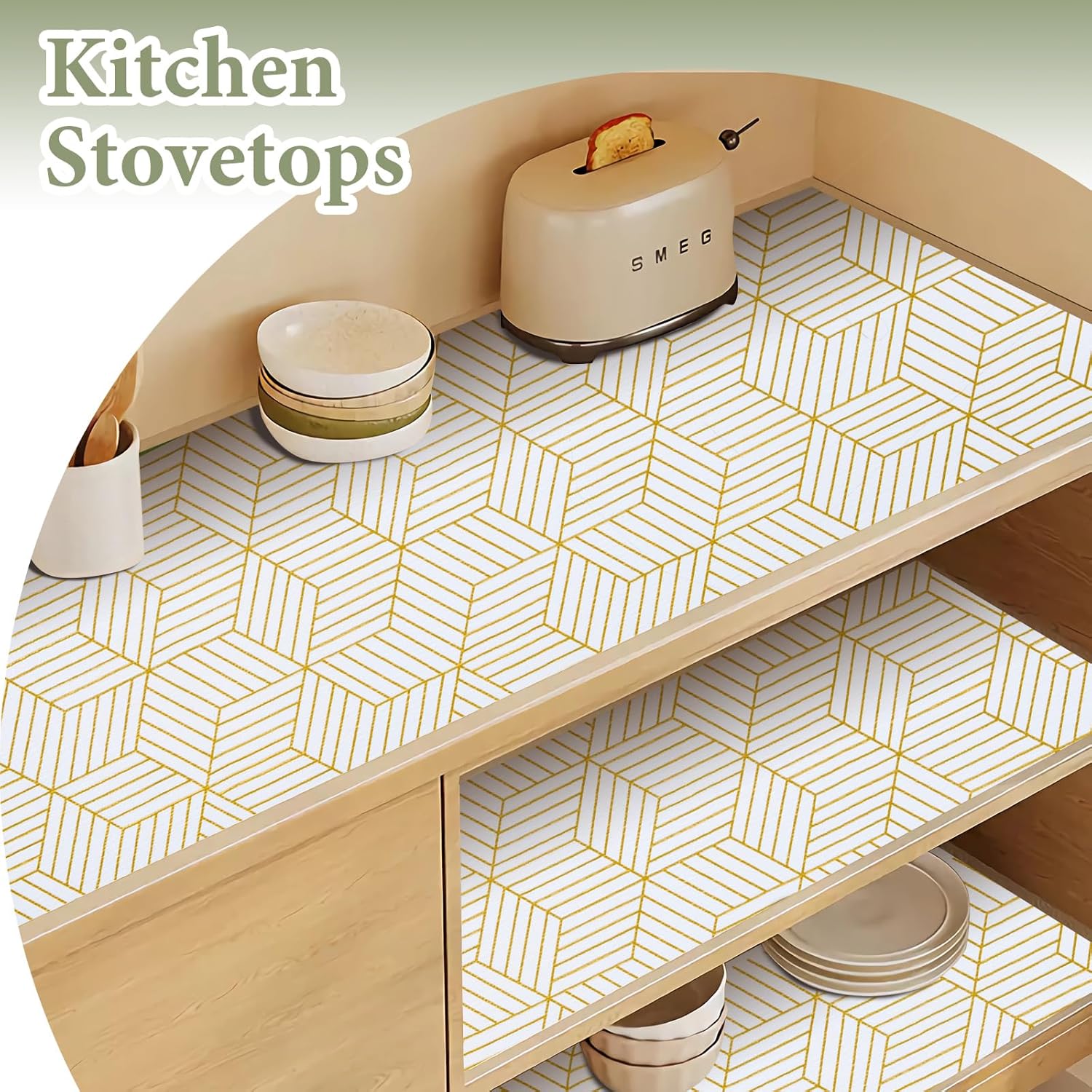 Thumbnail 2 de Shelf Liners for Kitchen Cabinets (12in x 20FT) Non-Adhesive Non-Slip Gold Geometric Liner
