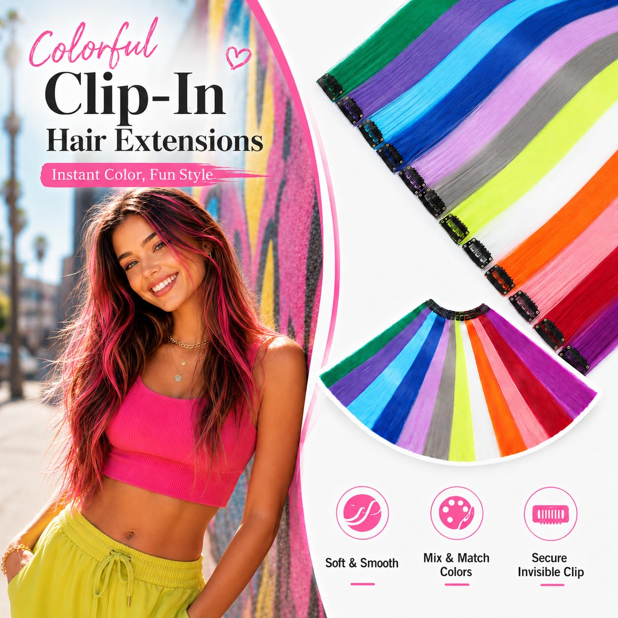 Detalle 2 de Teal Blue Clip-In Hair Extensions, 16 Pieces for Parties and Cosplay