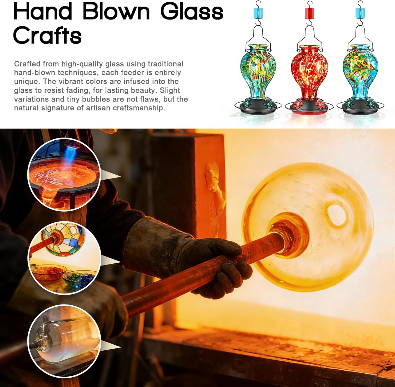 Thumbnail 5 de Tegarbed Hand Blown Glass Hummingbird Feeder, 24oz Blue Phoenix