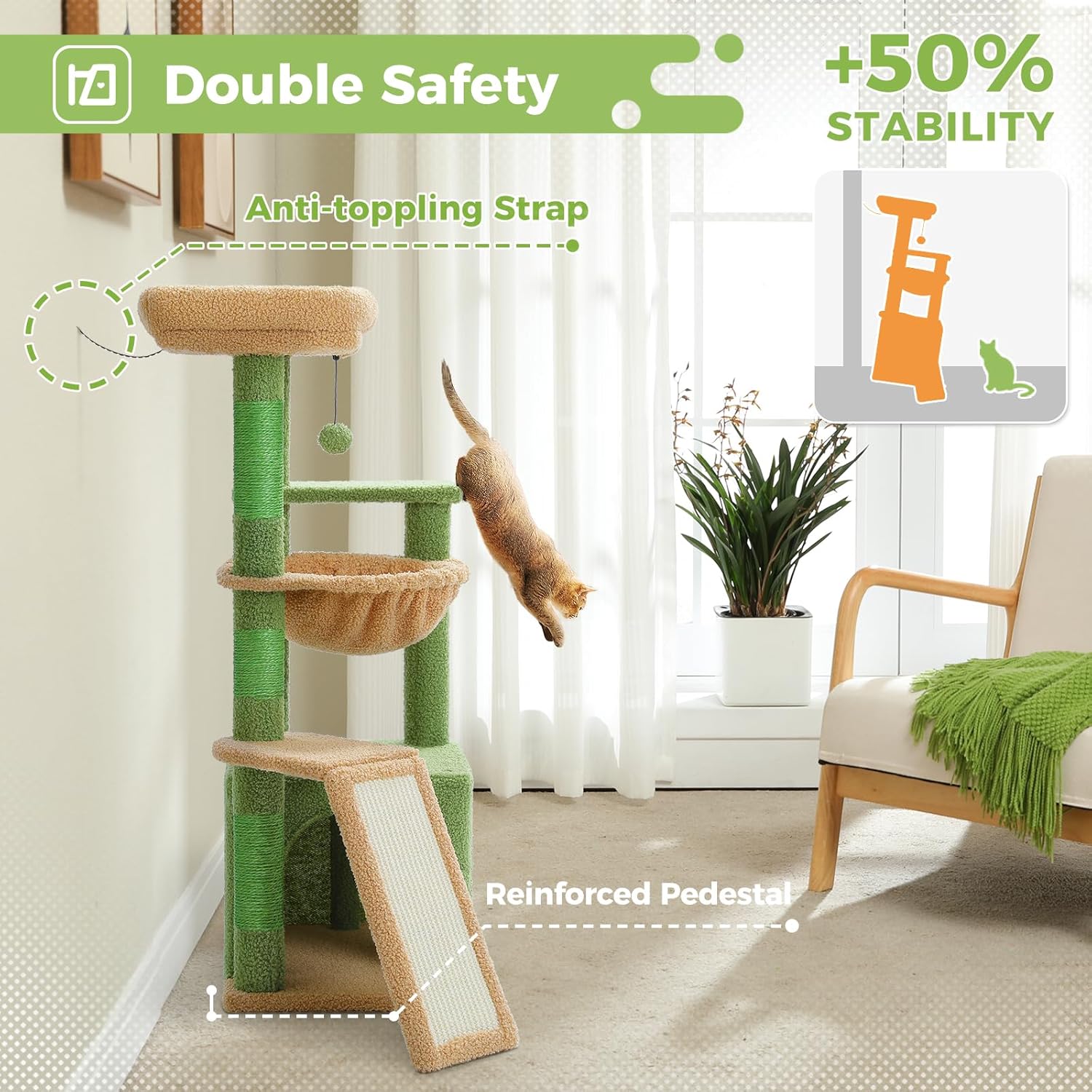 Detalle 2 de PAWZ Road Cactus Cat Tree for Indoor Cats – 90cm with Large Condo, Hammock & Perch