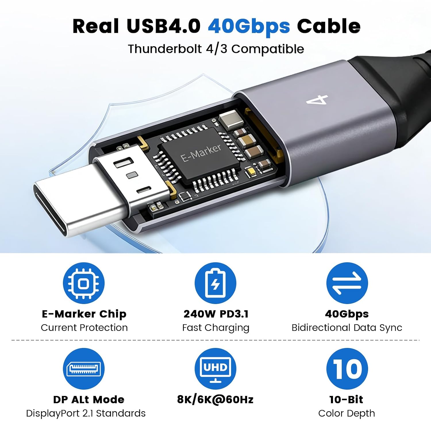 Detalle de Puiseno USB4 Kabel 40Gbps mit 240W PD – USB-C/Thunderbolt 4 Kabel für 8K@60Hz, DP Alt Mode, 2 m