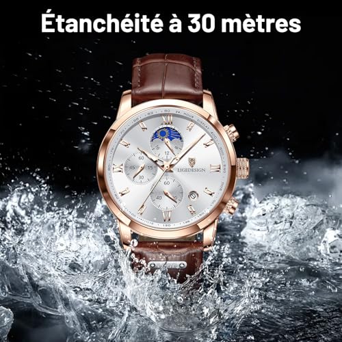 Detalle de LIGE Montre homme vintage chronographe, cuir, 3 ATM, cadran or et blanc