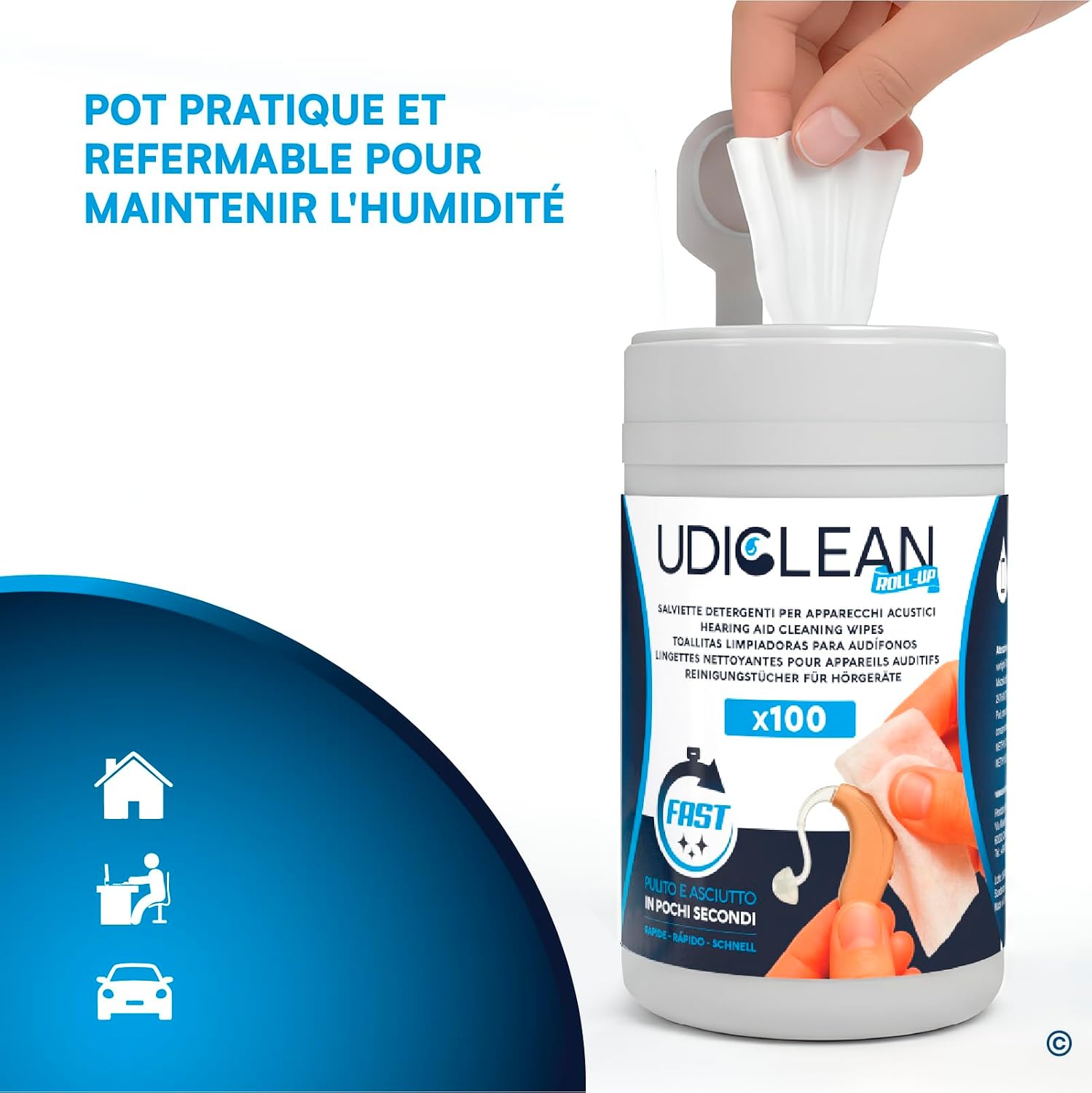 Detalle 2 de 200 lingettes humidifiées Udiclean, emballées individuellement, pour appareils auditifs et implants cochléaires