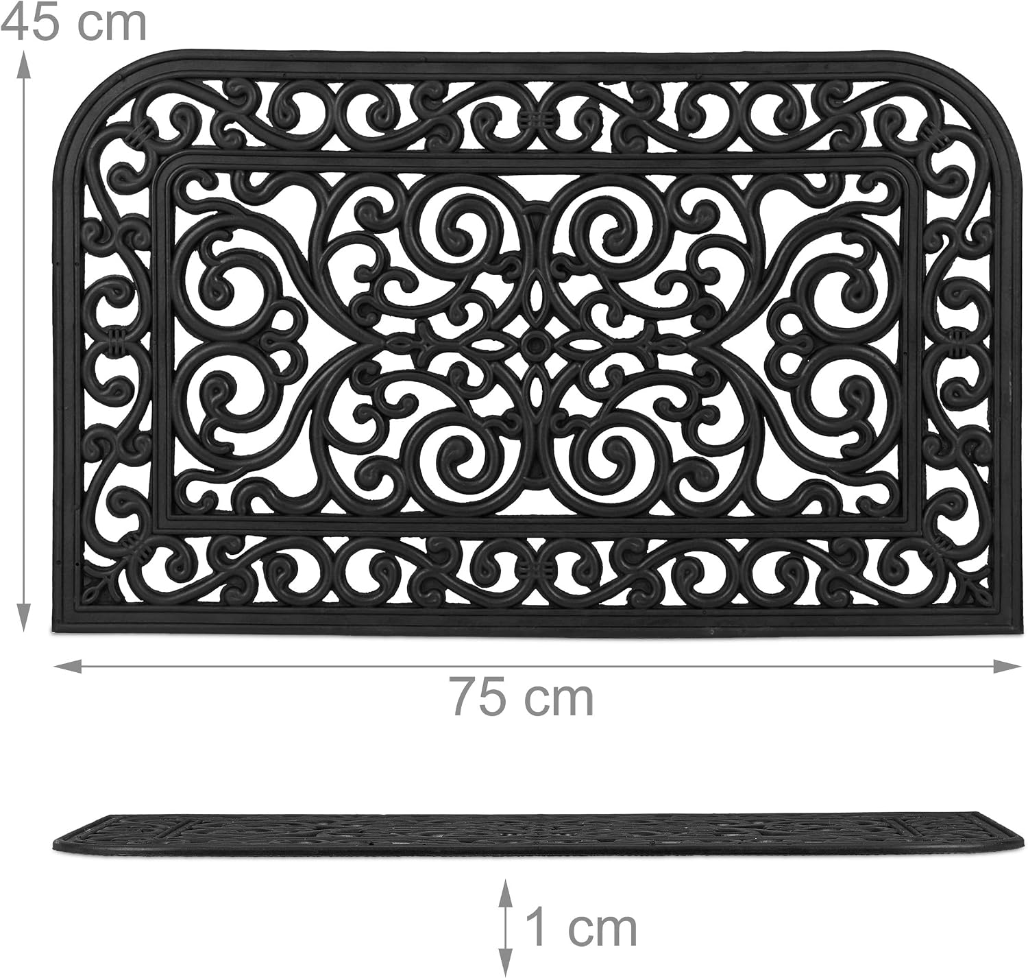 Detalle de Relaxdays Half-Rounded Rubber Doormat, 45 x 75 cm, Black Ornamental Design
