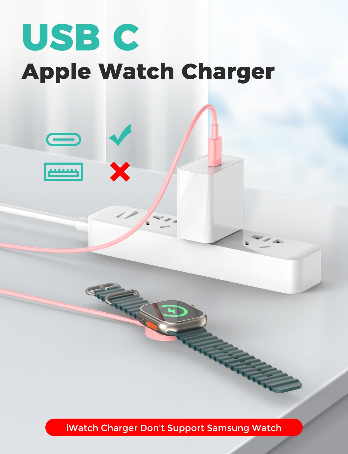 Detalle de Amasuki USB‑C Ladekabel für Apple Watch (magnetisch) – Schnellladen & Reisekabel, kompatibel mit iWatch Series 11 bis 1, Ultra/SE (rosa)