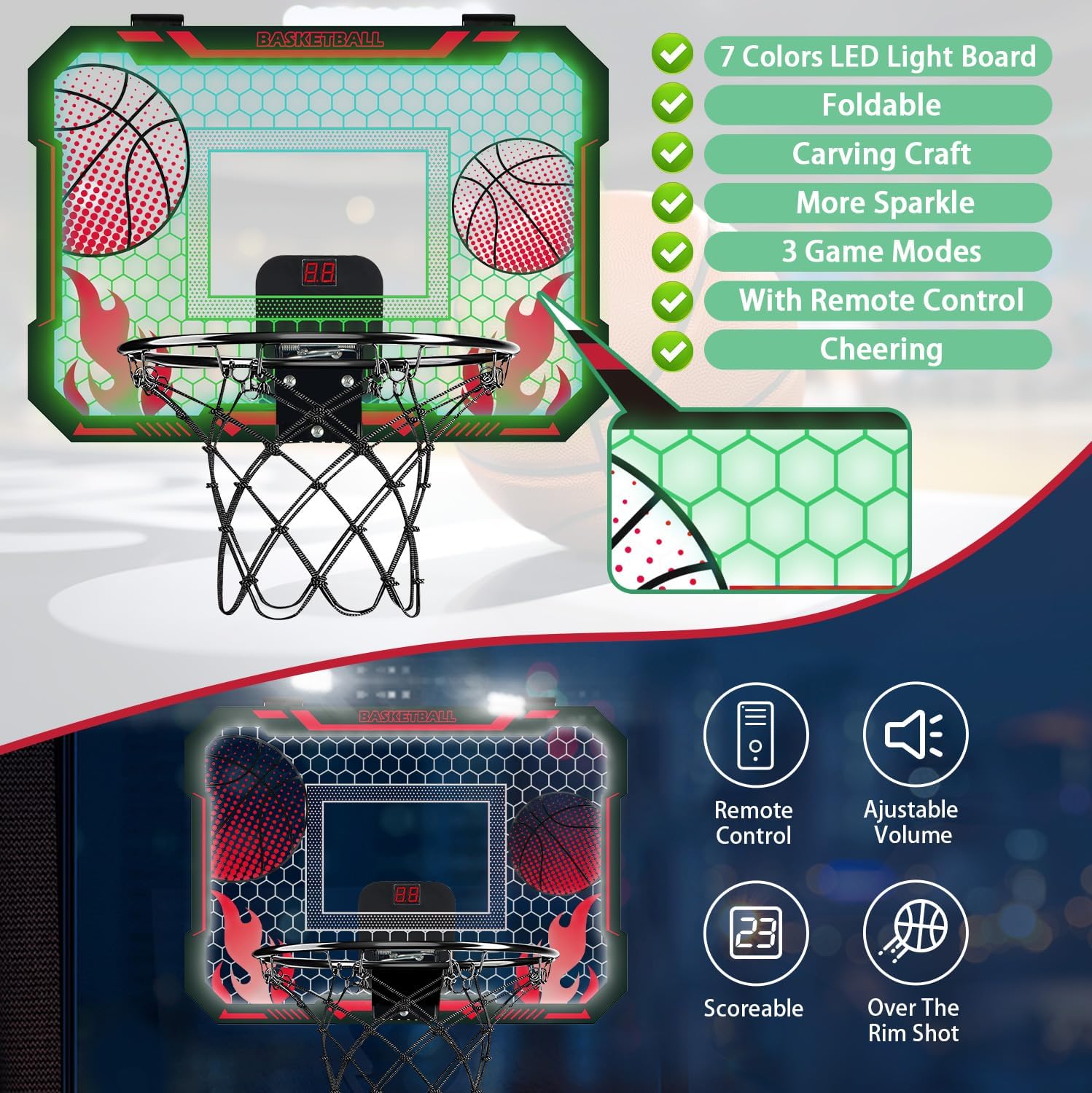 Detalle de VROGTIK Indoor Basketball Hoop for Kids with LED Lights — Over-the-Door Mini Hoop with Scoreboard