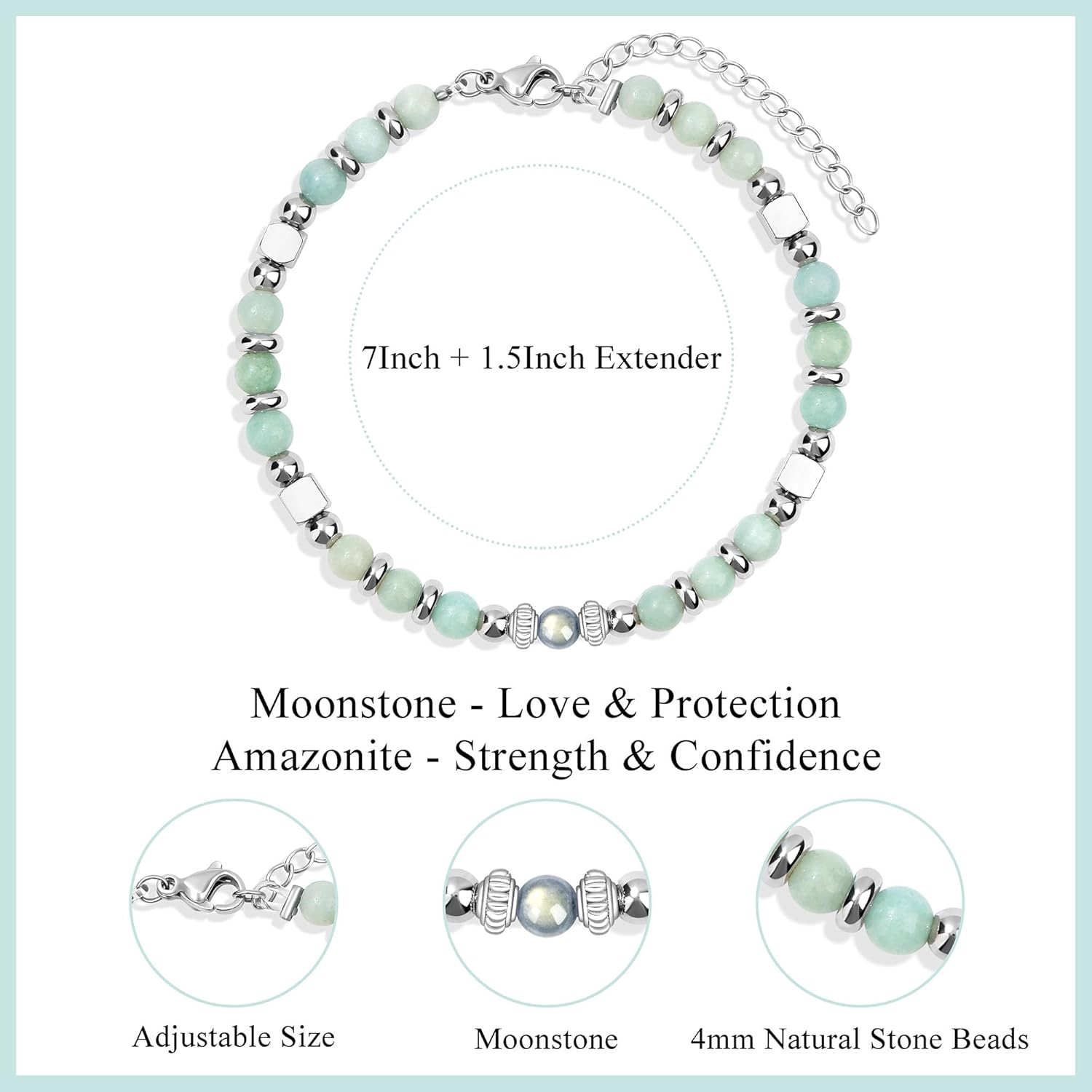 Detalle de Joycuff Gifts for Women Moonstone Bracelet with Amazonite and Stainless Steel Beads