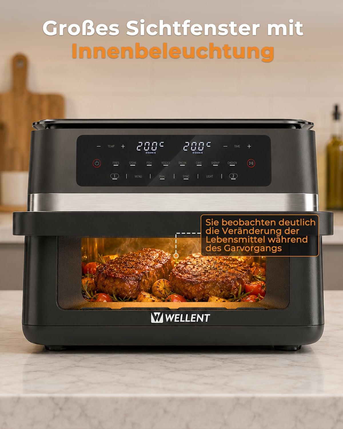 Detalle de WELLENT 12L Dual Zone Airfryer XXL – flexible Doppelkammer-Heißluftfritteuse mit Sync-Funktion