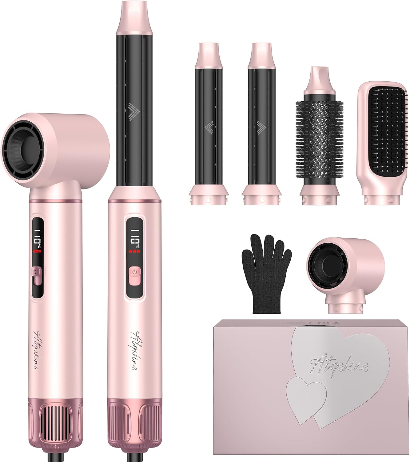 5 in 1 Hot Air Styler Brush (1000W) with LCD Display, Auto Rotating Curler & Snap-On Attachments