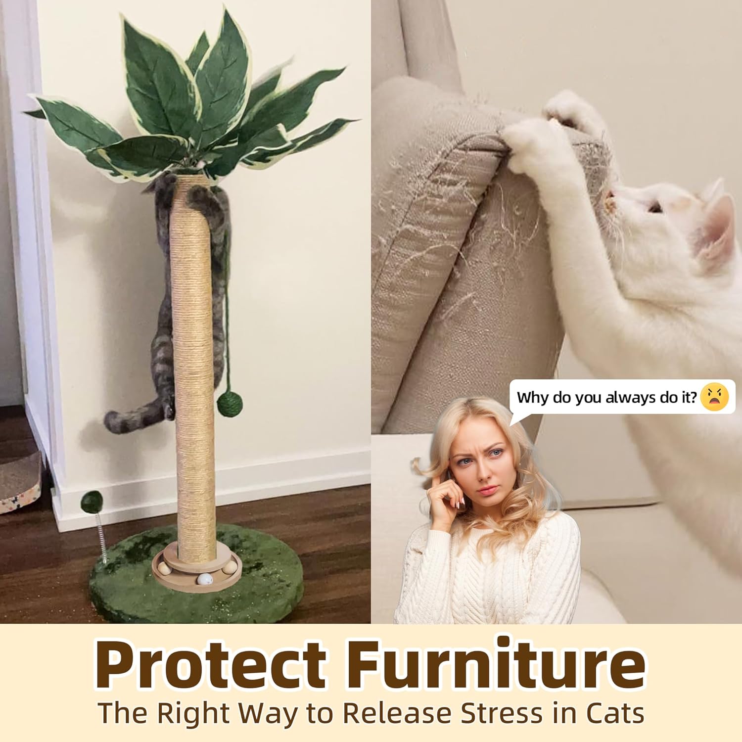 Detalle de Fantasreen 84cm Cat Scratching Post: Tall, Sturdy Scratch & Self-Groomer