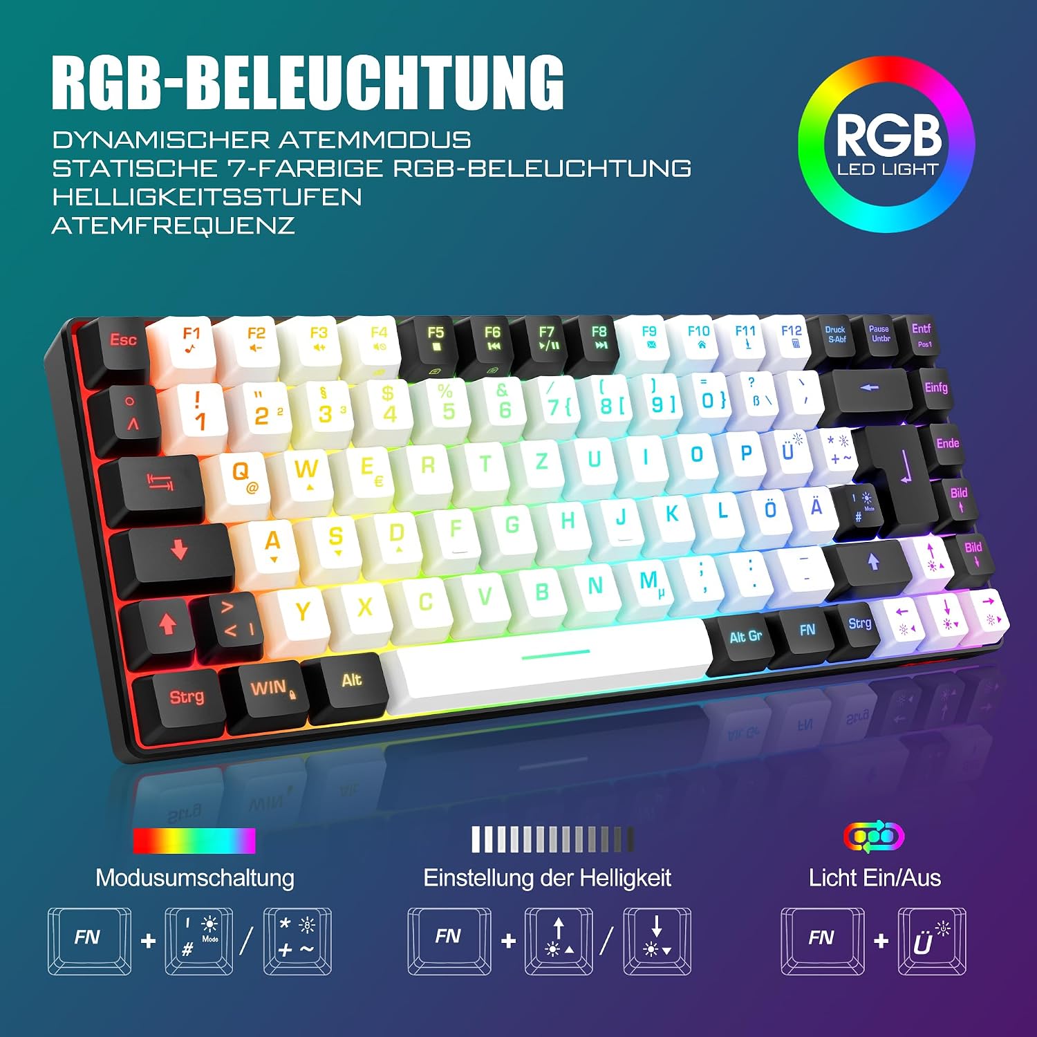 Detalle de RedThunder 75% kabelloses Gaming-Tastatur- und Maus-Set (DE TKL, 85 Tasten) inkl. 7-Farben Honeycomb-Maus, wiederaufladbar – Weiß/Schwarz