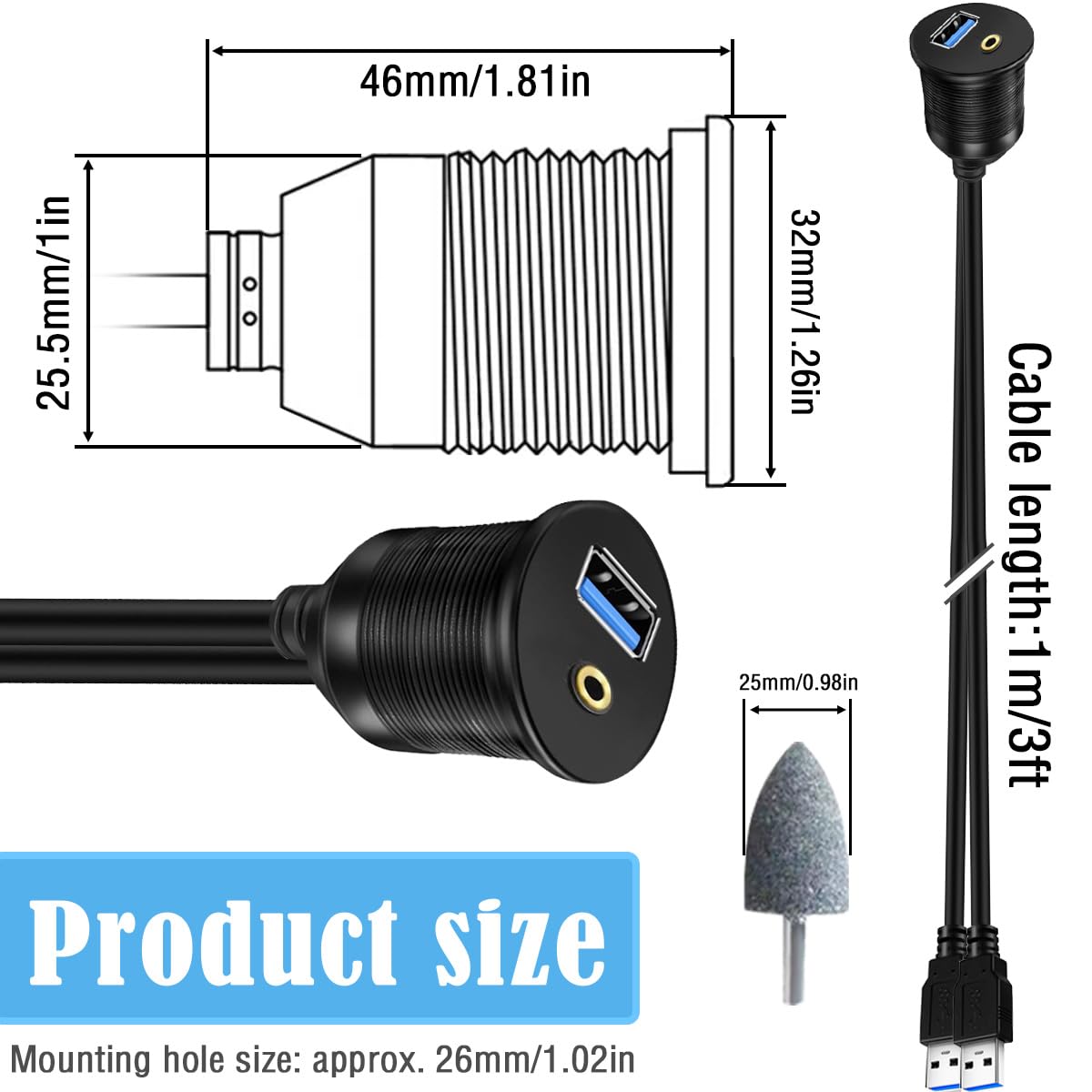 Thumbnail 1 de DAOKAI USB 3.0 + 3.5mm Audio Flush Mount Cable (1m/3ft) for Car, Truck, Boat & More