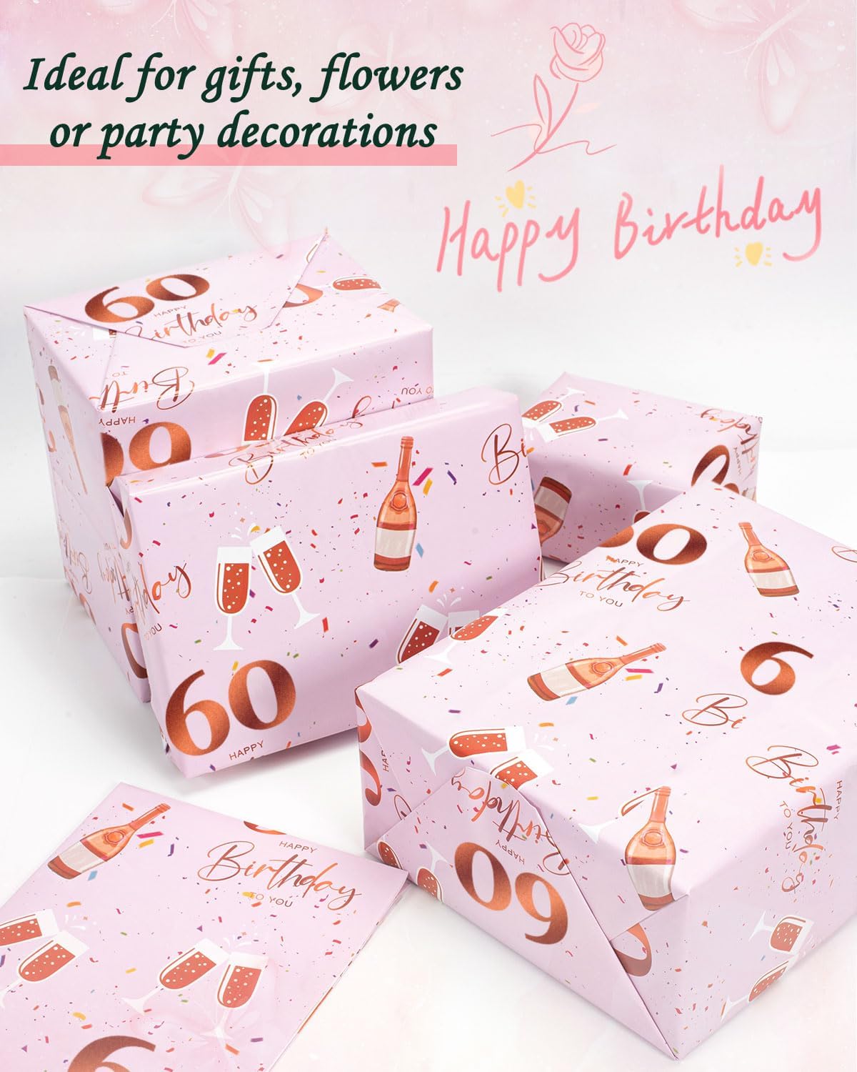 Thumbnail 6 de Vinuwu 6 Sheets 60th Birthday Wrapping Paper – Rose Gold Pink 70x50cm, Plastic Free & Recyclable