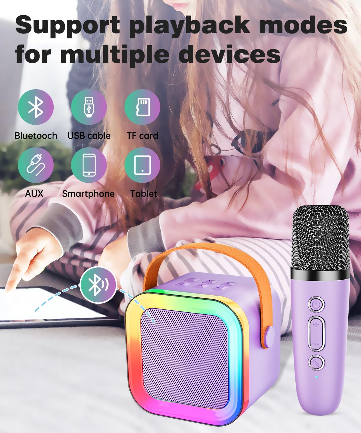 Thumbnail 6 de Mini Karaoke Machine Speaker for Kids & Adults (Purple, 2 Mics) — Portable Bluetooth Karaoke System
