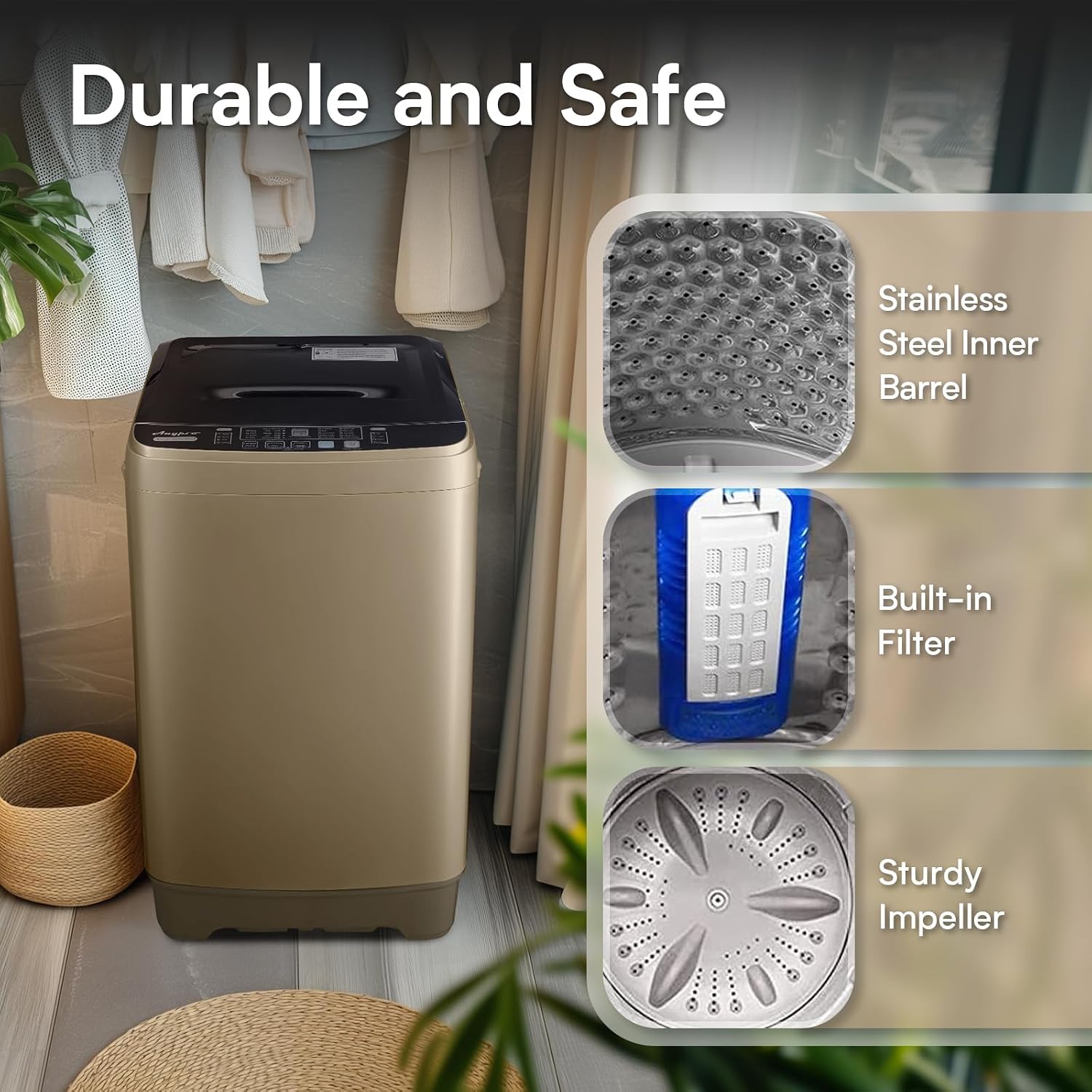 Detalle de Anypro XQB201A-GOLD6 Fully Automatic Washer and Spinner Combo, Gold