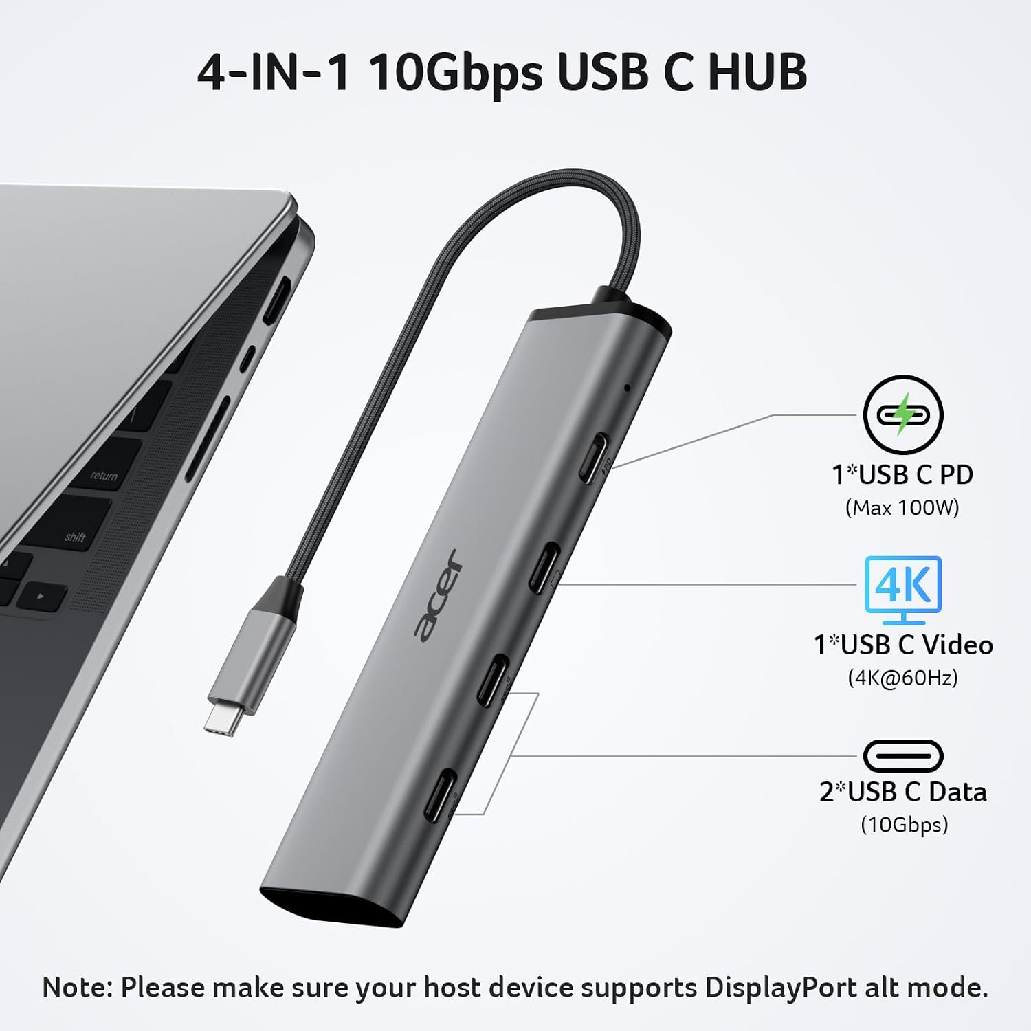 Detalle de Acer 4-in-1 USB-C Hub with 4K@60Hz Video, 10Gbps Data and 100W PD
