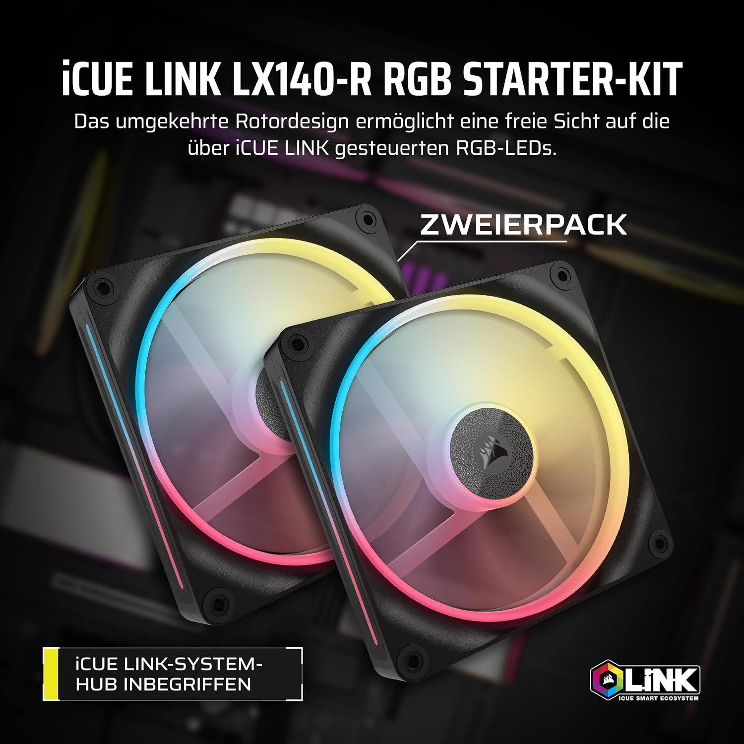 Detalle 2 de CORSAIR iCUE LINK LX140-R RGB 140-mm PWM-Umkehrlüfter (doppelter Lüftersatz) – schwarz