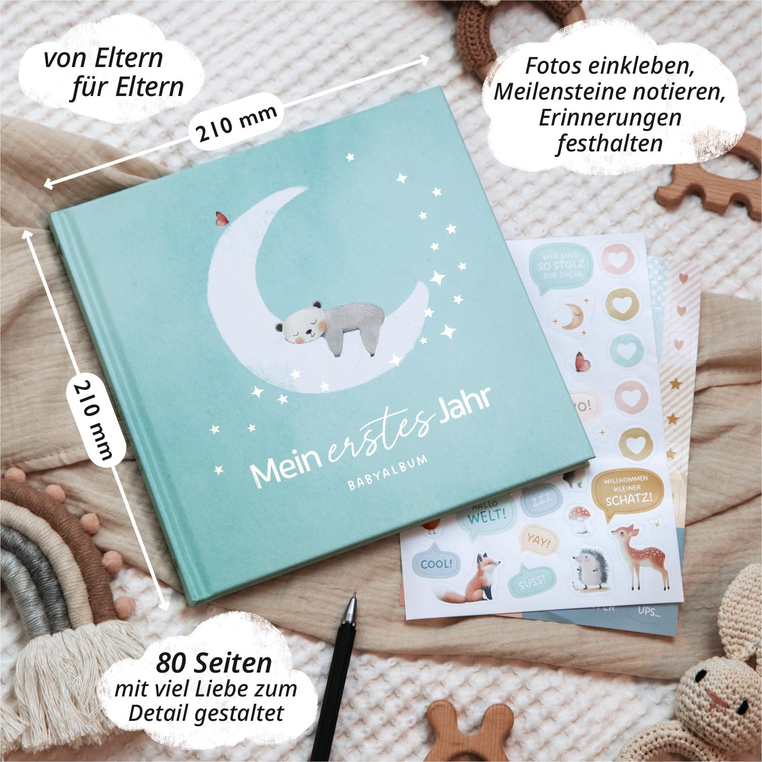Thumbnail 1 de Mein erstes Jahr Babyalbum | Erinnerungsbuch Baby (Mint) – 80 Seiten, Goldprägung, 21 × 21 cm