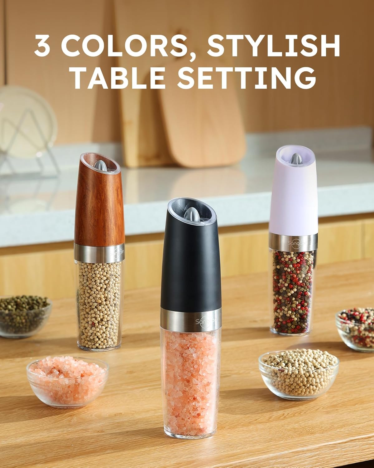 Thumbnail 6 de Sangcon Gravity Electric Salt and Pepper Grinder Set (Rechargeable, Adjustable Coarseness, LED Light, 9OZ XL Capacity)