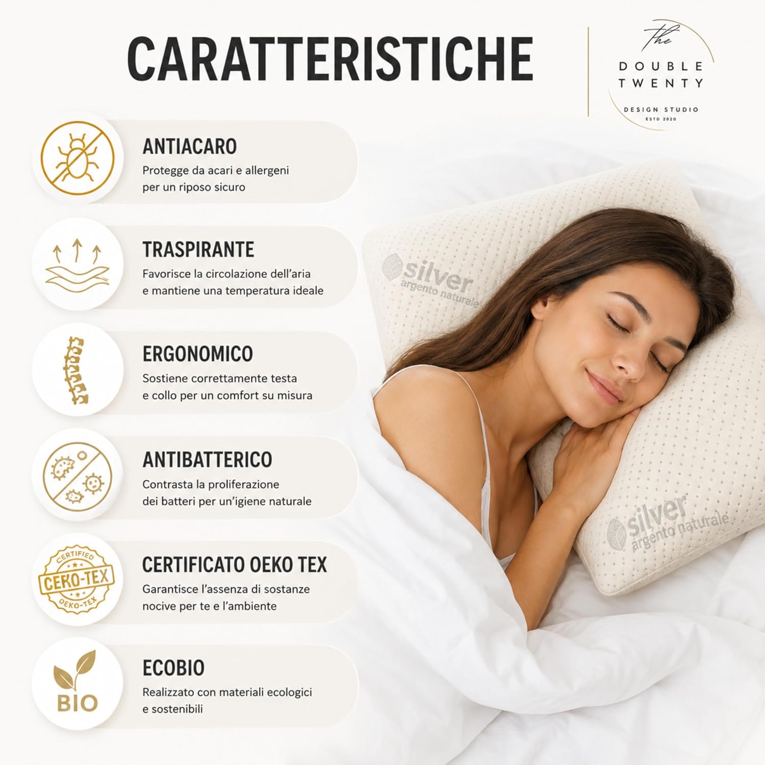 Detalle 2 de The Double Twenty Cuscino Antirussamento in Memory Foam – Sostegno Ergonomico alto 18 cm con fodera in argento naturale