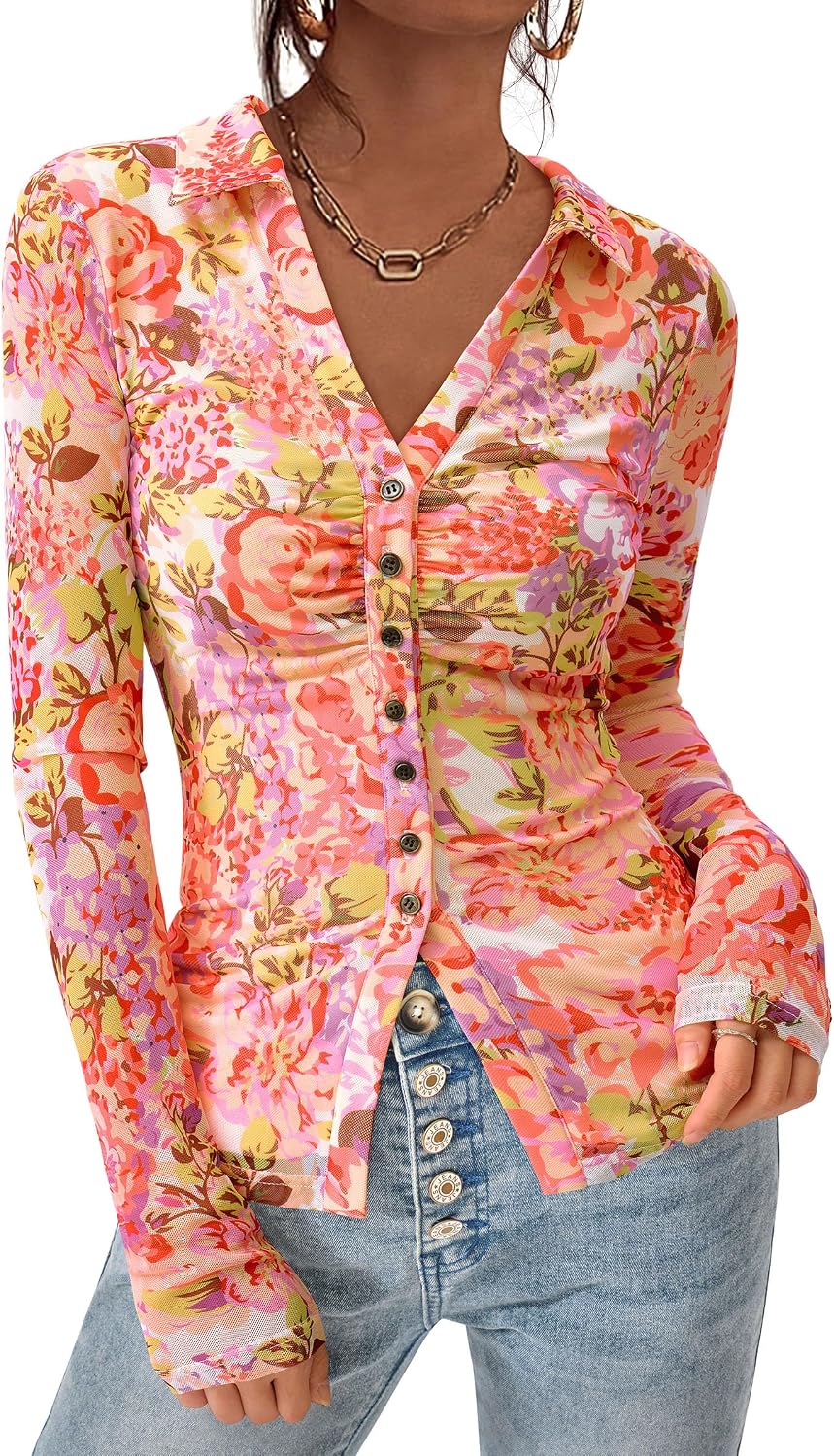Detalle de PRETTYGARDEN Women Button Down Floral Boho Blouse – Lightweight Mesh, Ruched Fitted Top