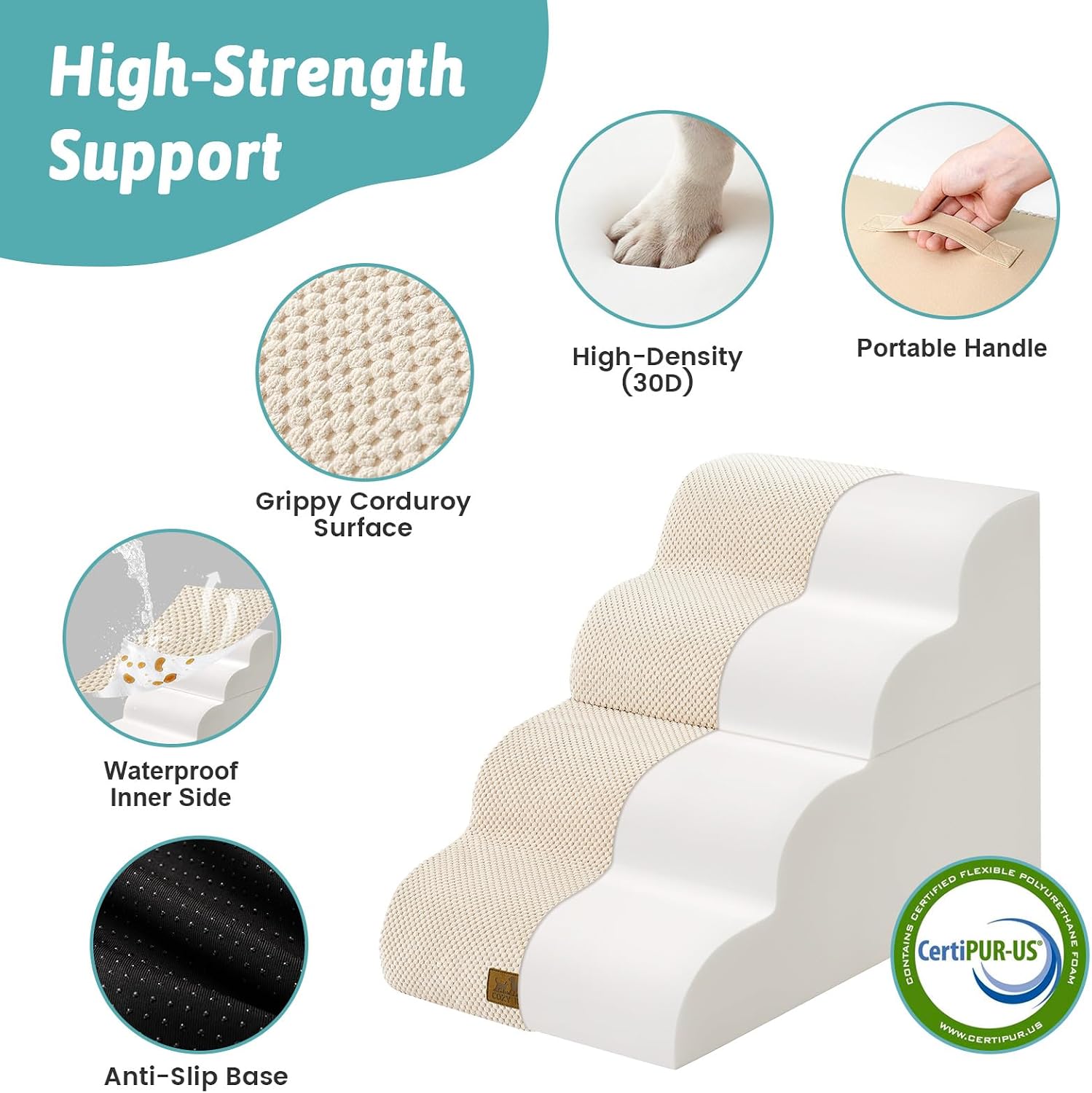 Detalle de COZY KISS Breiter Hundetreppe für Kleine Hunde – 4 Stufen, Beige, 40x72x50 cm