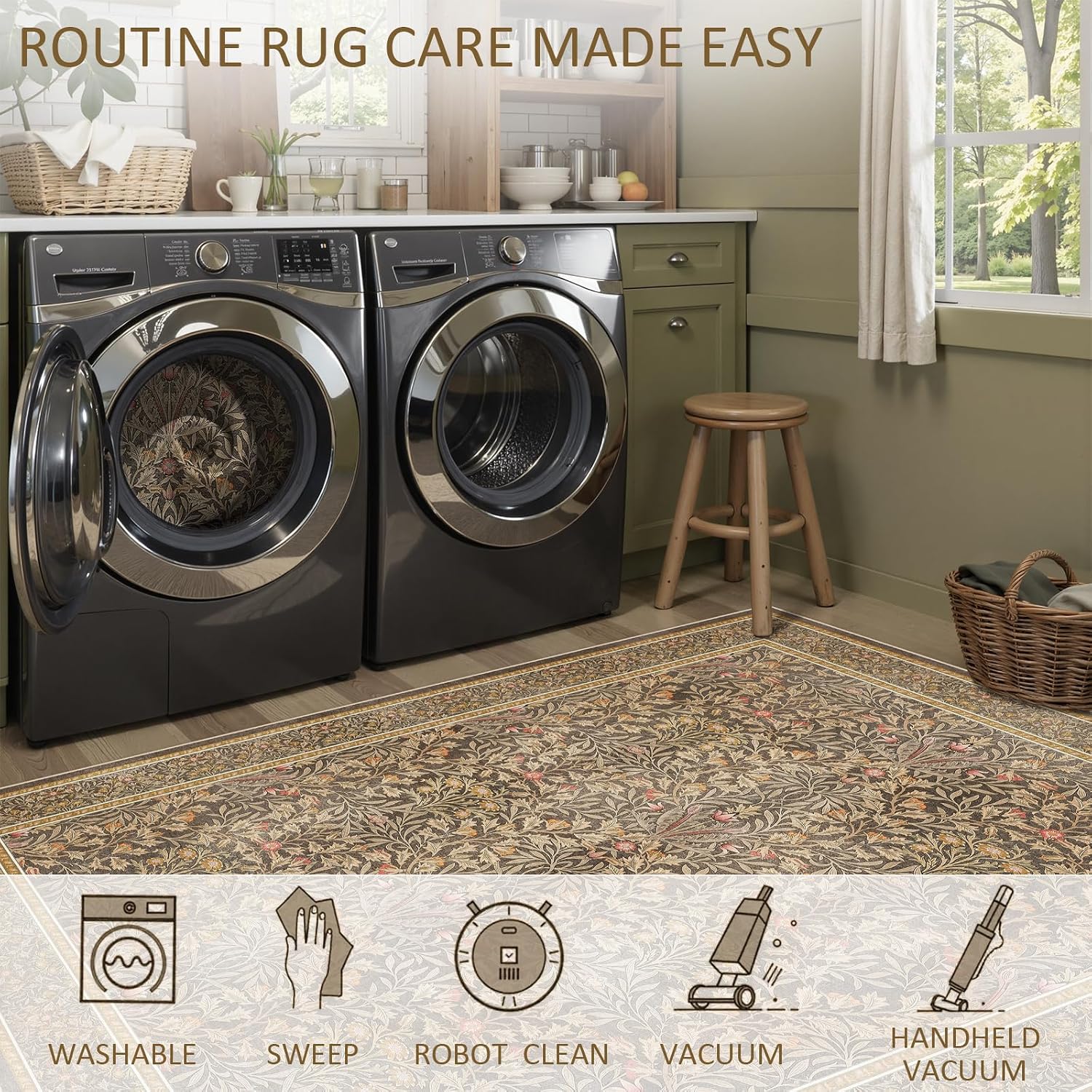 Detalle de Dadasgk Vintage Washable Area Rug, 8' x 10', Gold Brown Floral Faux Wool