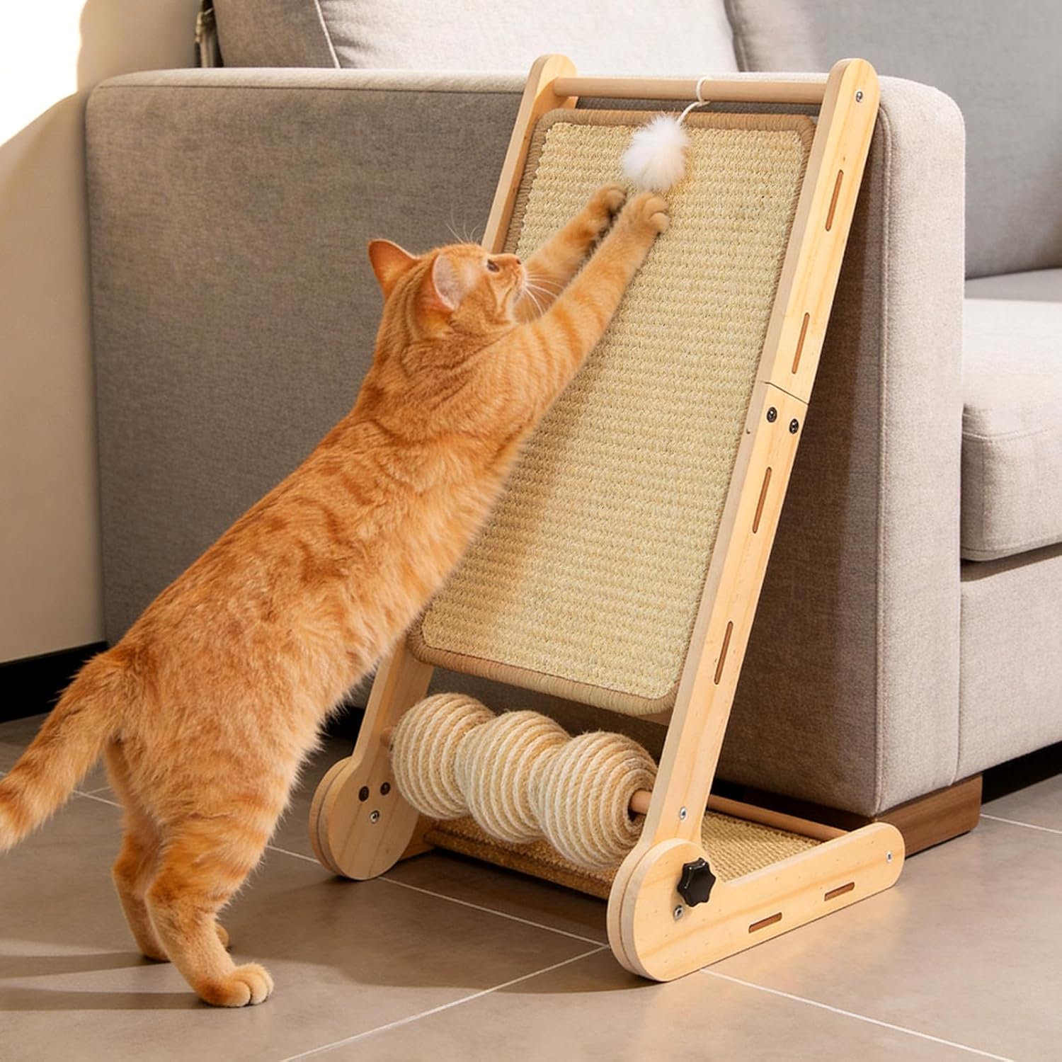 Detalle de DONWEI L-Shaped Sisal Cat Scratcher, 60cm Large – Natural Beech Wood with Multi-Angle Sisal Pad