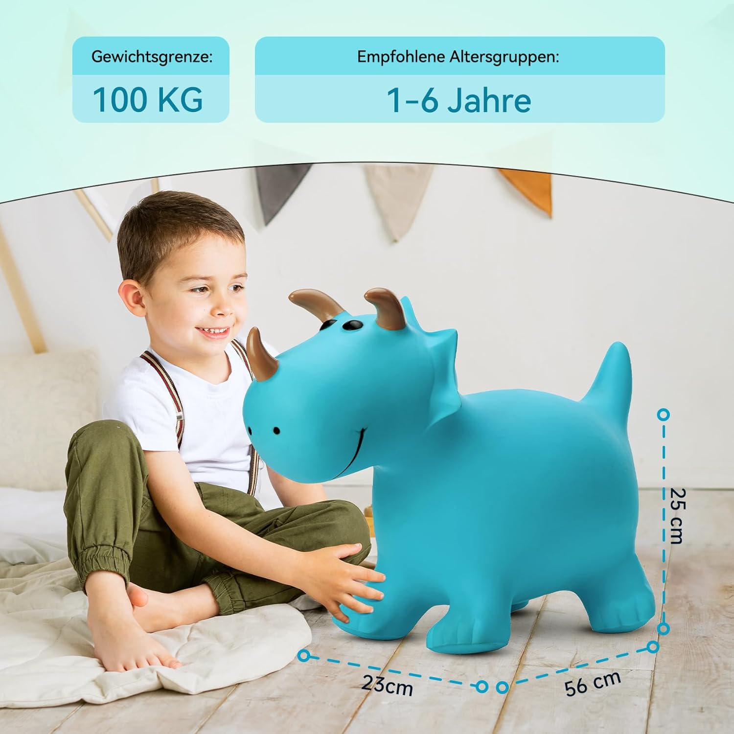 Detalle de U&C Planet Hüpftier Dinosaurier Hopper – robustes PVC-Hüpfspielzeug für Kinder 1–6 Jahre