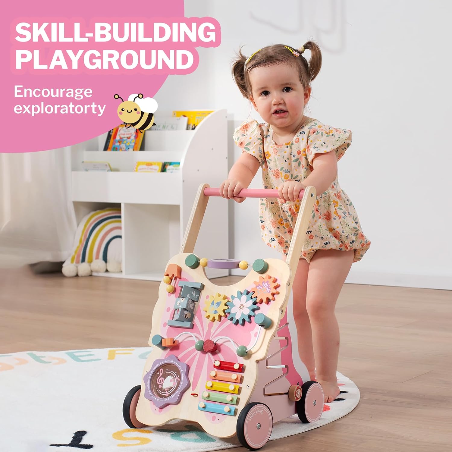 Detalle 2 de Giant bean Lauflernwagen aus Holz im Schmetterlingsdesign (rosa) – Baby Walker ab 1 Jahr für Mädchen und Jungen