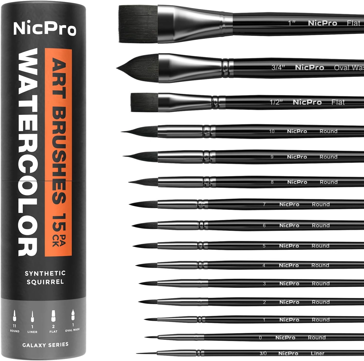 Detalle de Nicpro 15-Piece Professional Watercolour Brushes Set: Soft Synthetic Squirrel Hair Assorted Round, Cat Tongue, Liner & Flat Brushes