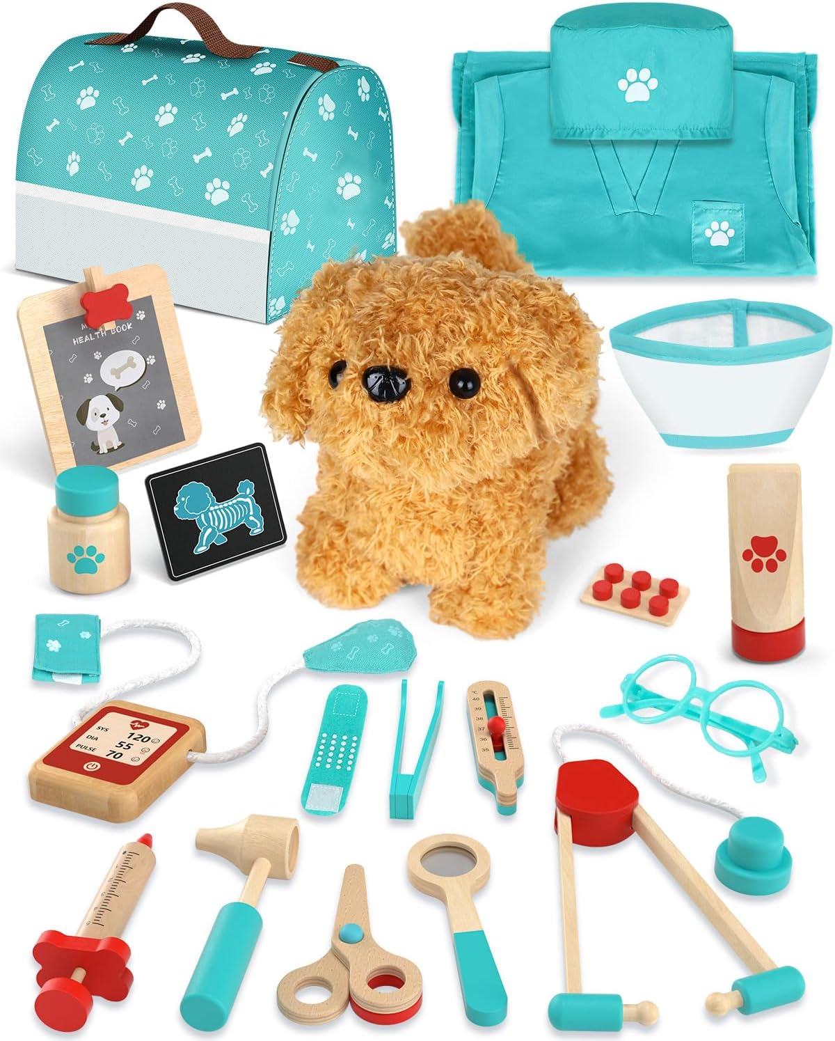 Thumbnail 6 de SOGAWEBB Arztkoffer Kinder Holz – Tierarzt Spielzeug mit Kleidung, Hut & 21-teiligem Rollenspiel-Set (Rosa)