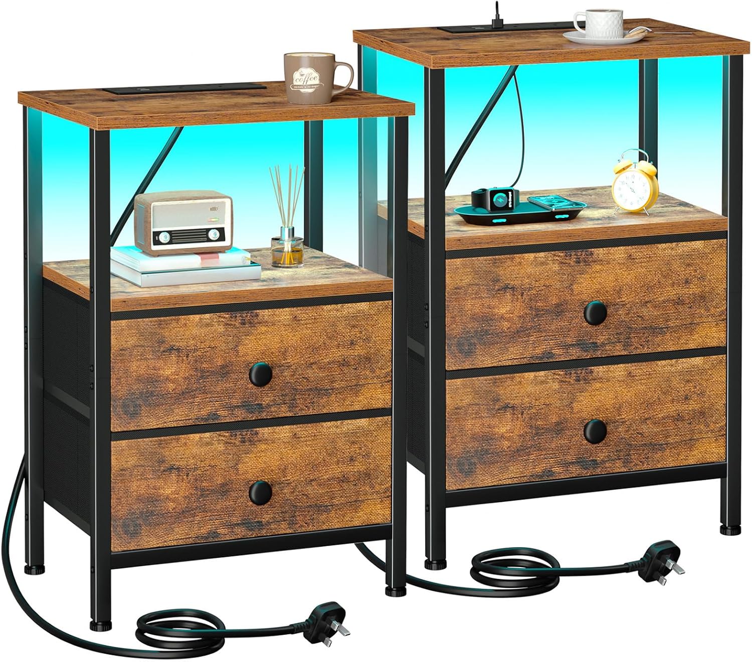 AMHANCIBLE Night Stand Set of 2 with LED Lighting & Charging Station (UHETS02PBR)