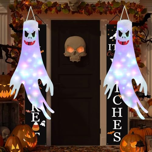 Detalle de Moxled Halloween-Geister-Windsäcke, 3er-Set, 120 cm mit bunten LED-Lichtern