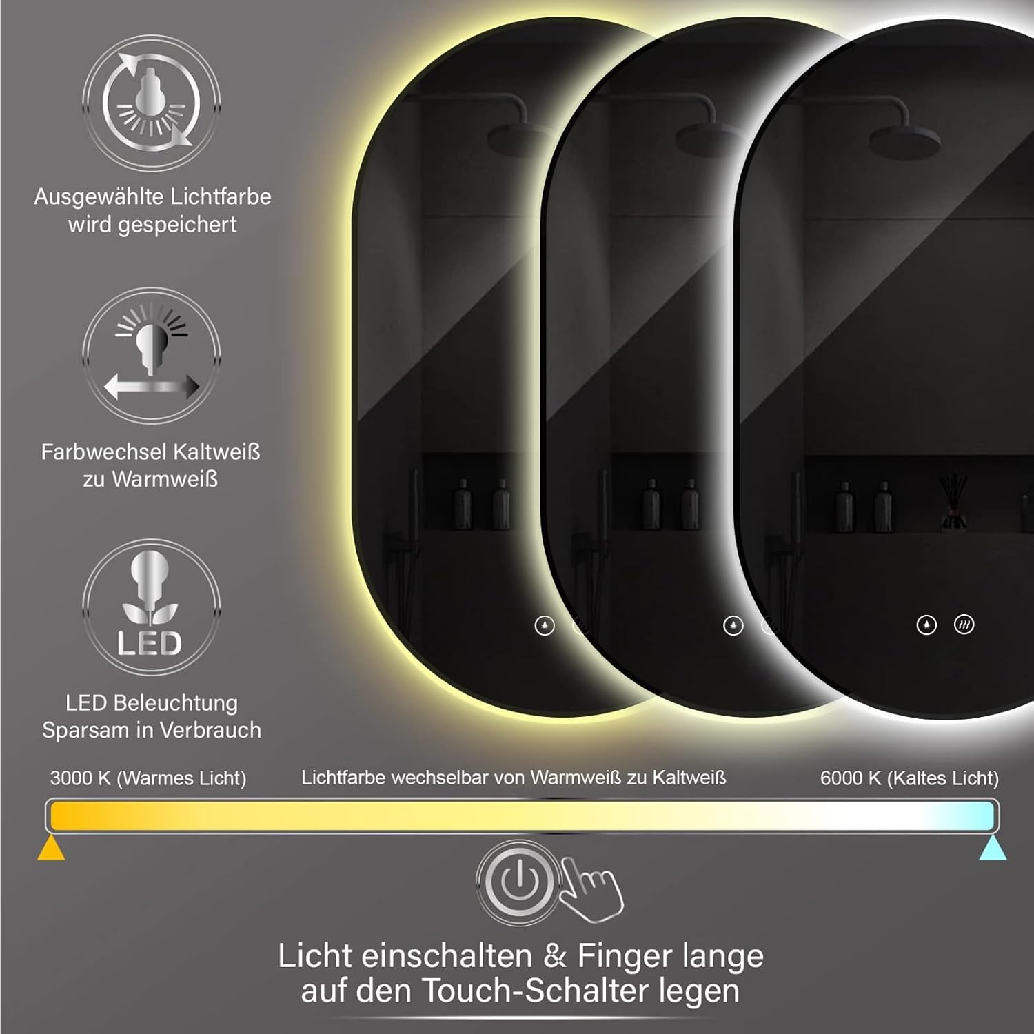 Thumbnail 4 de ApeJoy Specchio da bagno ovale con illuminazione – 75x45 cm, LED, anti-nebbia e memoria colore