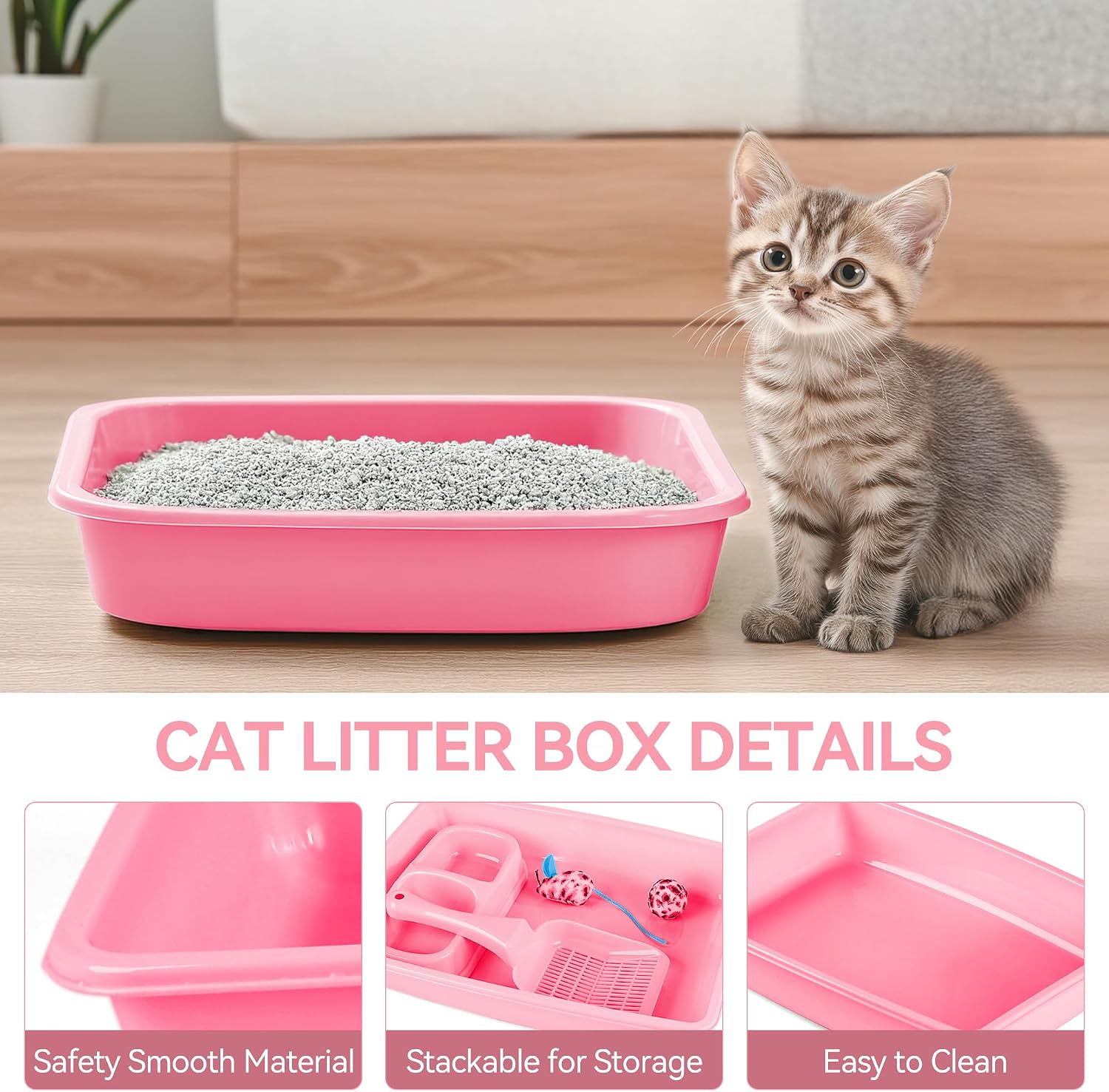 Detalle de PAWISE Cat Accessories Set of 4: Litter Tray, Litter Scoop, Bowl and Kitten Toy in Pink