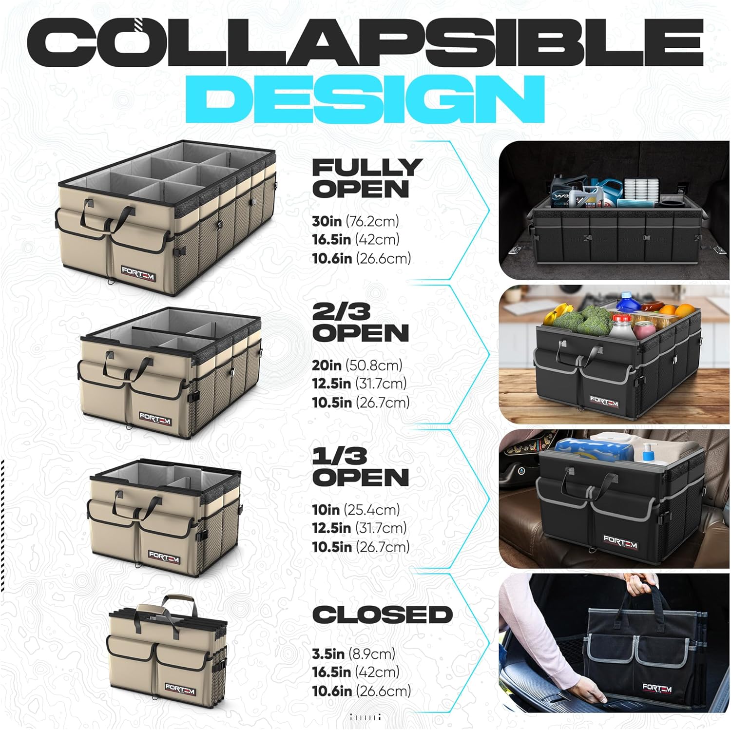 Detalle de FORTEM Car Boot Organiser: 105L Collapsible Trunk Storage with Non-Slip Base