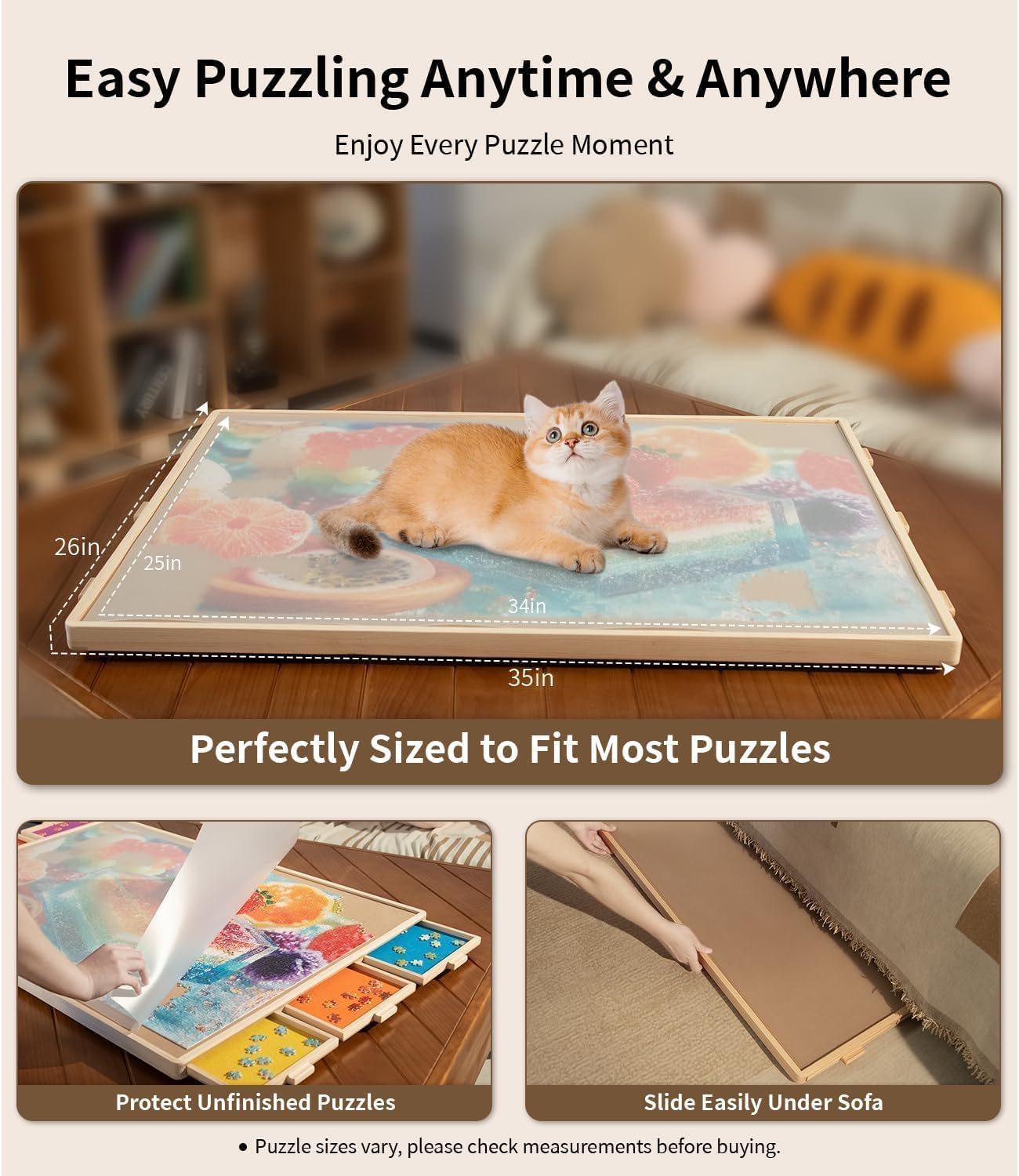 Detalle de 1500-Piece Wooden Puzzle Board (34" x 25") with 6 Drawers, Felt Trays & 360° Lazy Susan