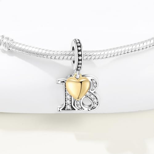 Detalle de PANPOKI Zahl Charm für Armband & Halskette – Sterling Silber 925 mit Zirkon & 18K vergoldetem Herz