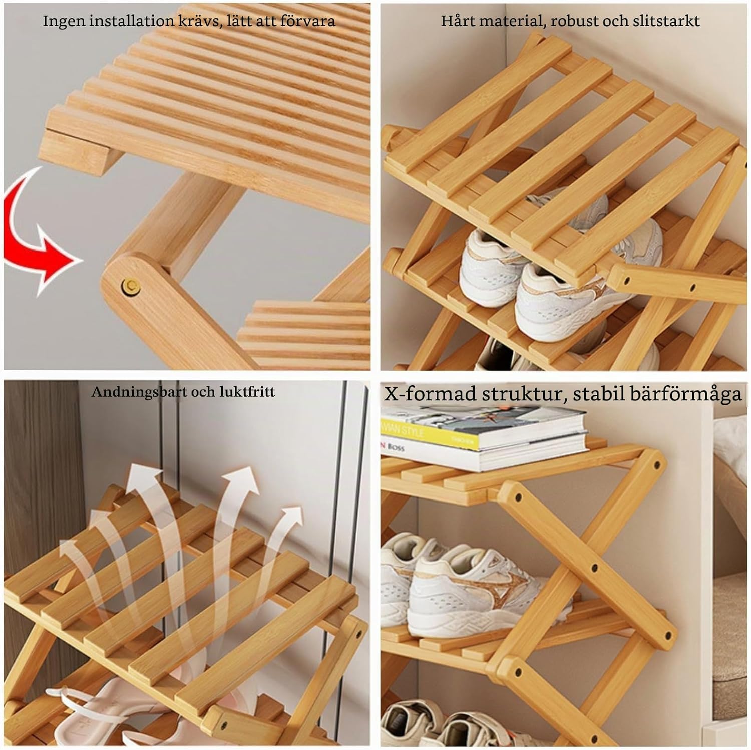 Detalle de XZXWZX HS001-4 floor hopfällbart skoställ i bambu med fyra hyllplan