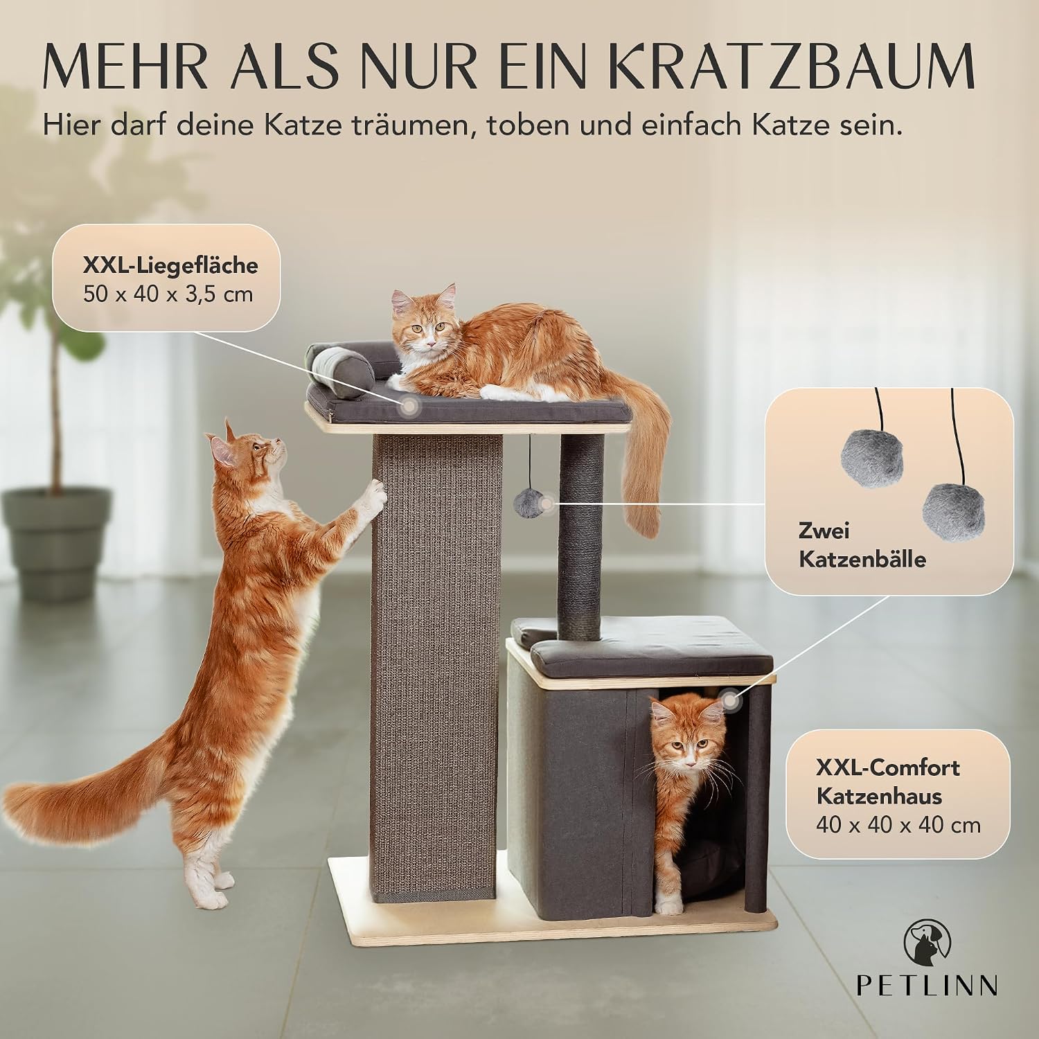 Detalle de Petlinn Premium Kratzbaum – stabiler Katzenbaum für große Katzen (95 cm) mit extrafester Stamm, Naturholz-Look und großzügigen Liegeflächen