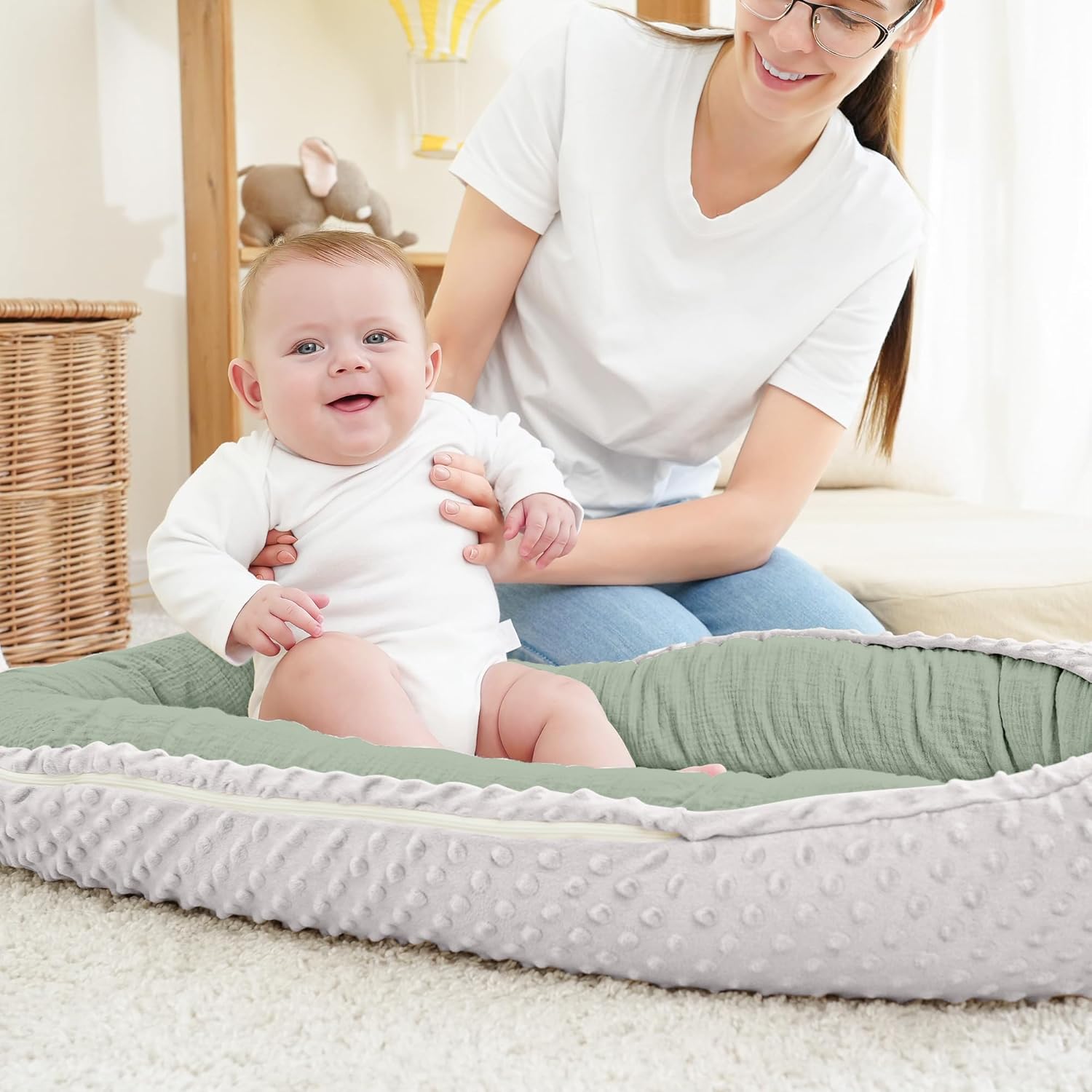 Thumbnail 4 de Bearmoss Babynestchen Kuschelnest für Neugeborene (90x55 cm, grün) – weiches & atmungsaktives Nest für unterwegs