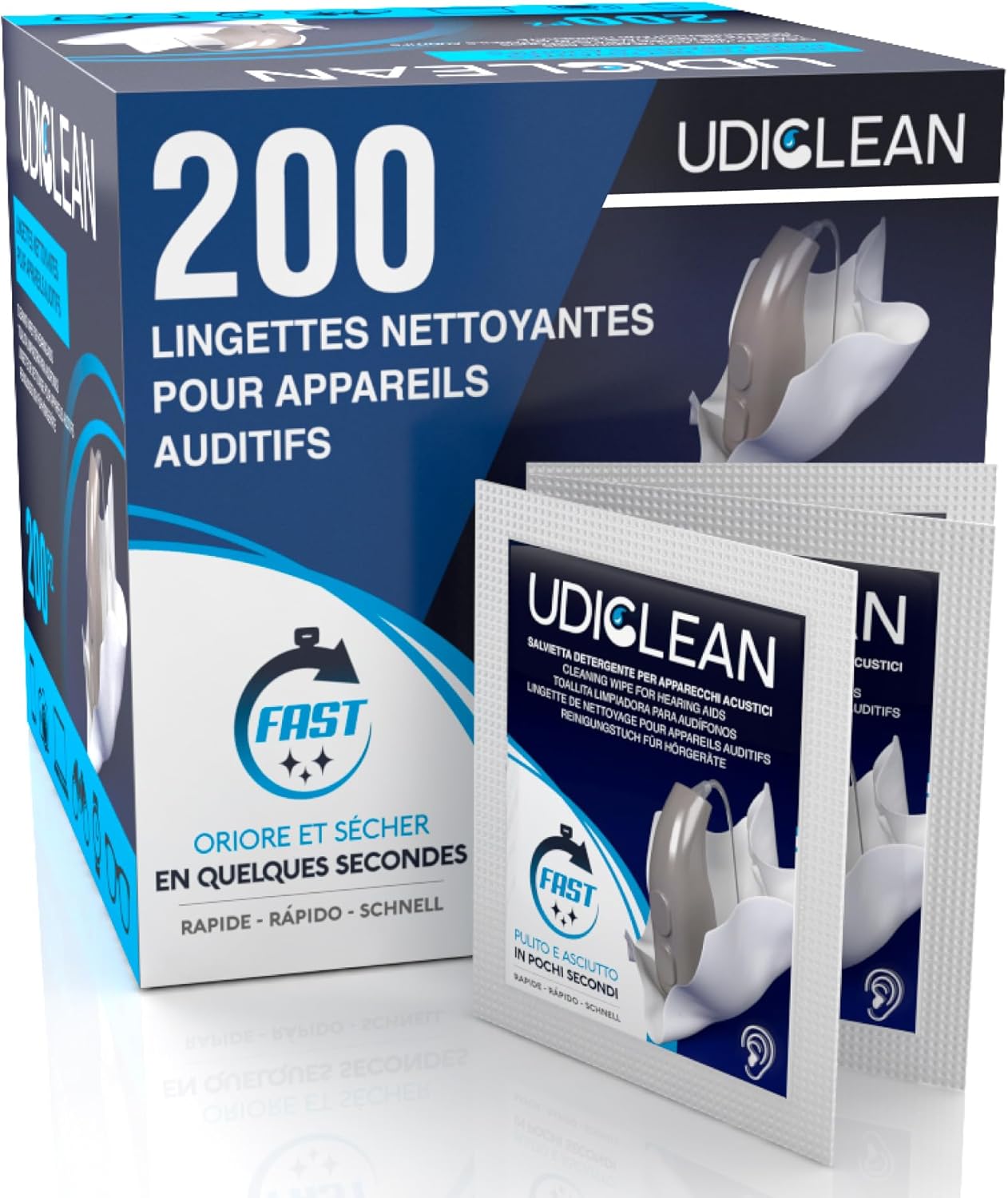 200 lingettes nettoyantes Udiclean pour appareils auditifs, séchage rapide, emballées individuellement
