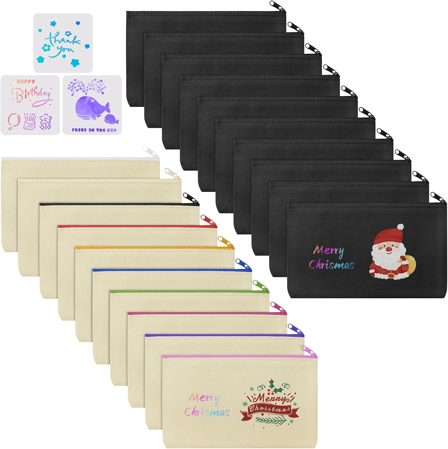 Detalle de Vicloon Canvas Zipper Bag set – 20 DIY canvas pencil pouches with 3 doodle templates (Black & Beige)