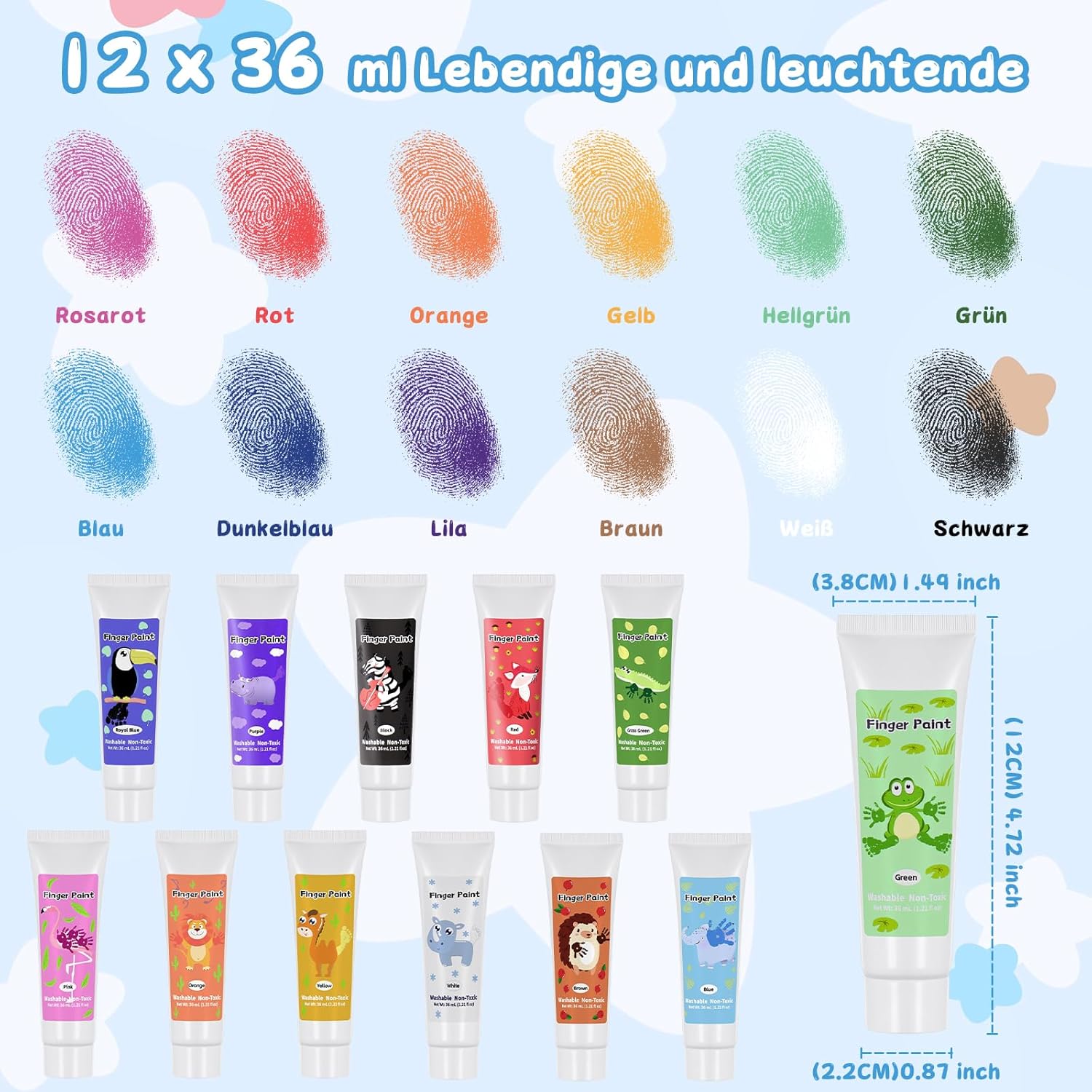 Thumbnail 1 de TOGOU2S Kinder-Fingerfarben-Set, 12 x 36 ml, ungiftig, waschbar (für Kleinkinder ab 1 Jahr)