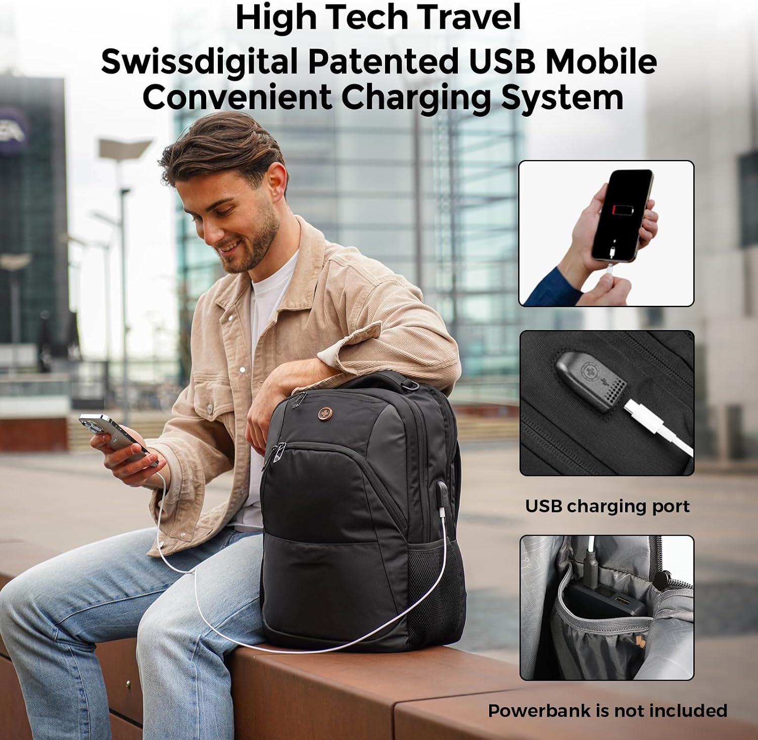 Detalle de Swissdigital Design Backpack SD1670-01: 16-Inch Laptop, RFID & USB Charging Pocket