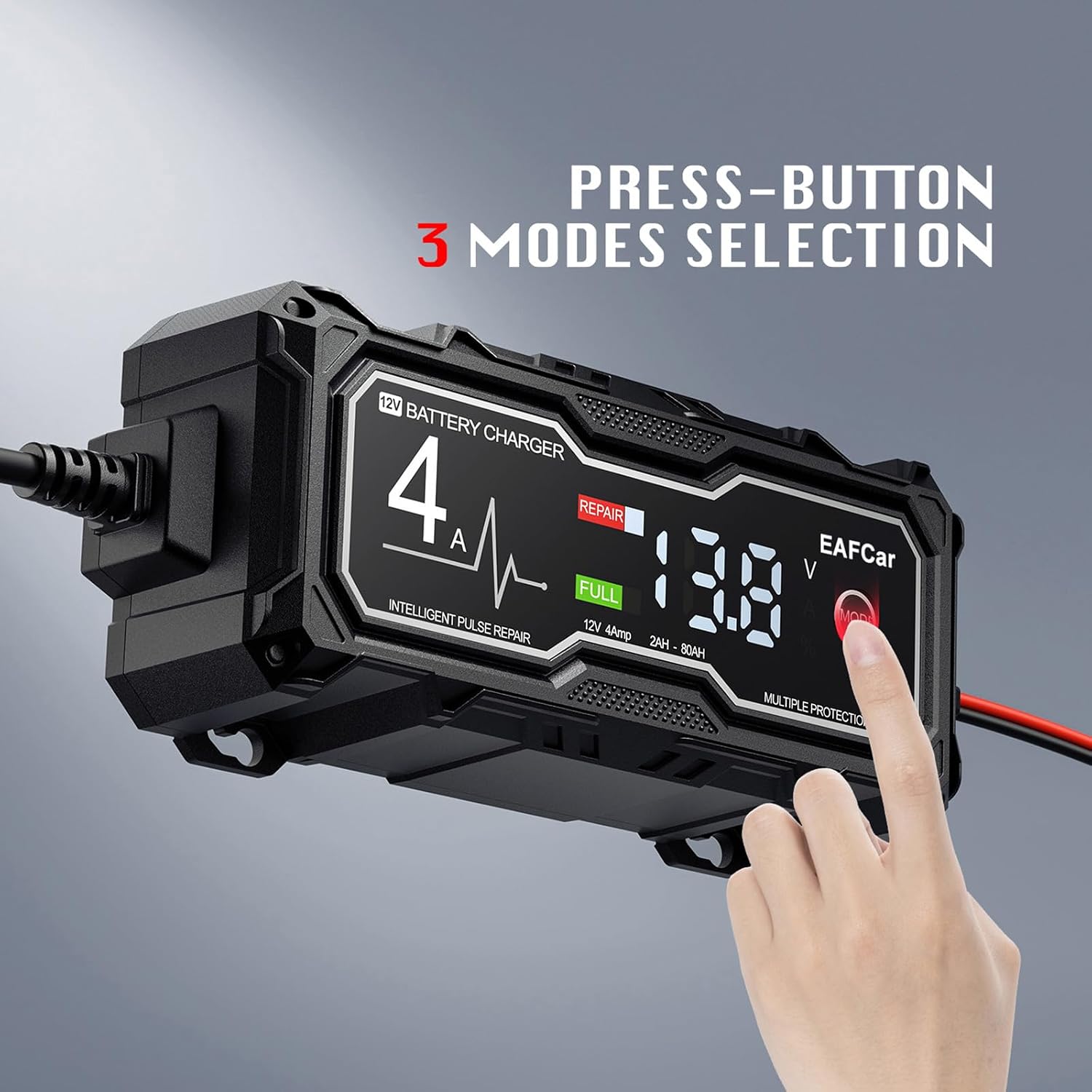 Detalle de EAFCar 4A 12V Car Battery Charger: Intelligent Pulse Repair and Maintenance