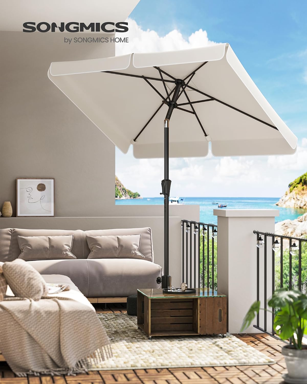 Detalle 2 de SONGMICS Sonnenschirm 300 x 200 cm (rechteckiger Balkonschirm) UPF 50+, 30° neigbar, beige GPU058M01